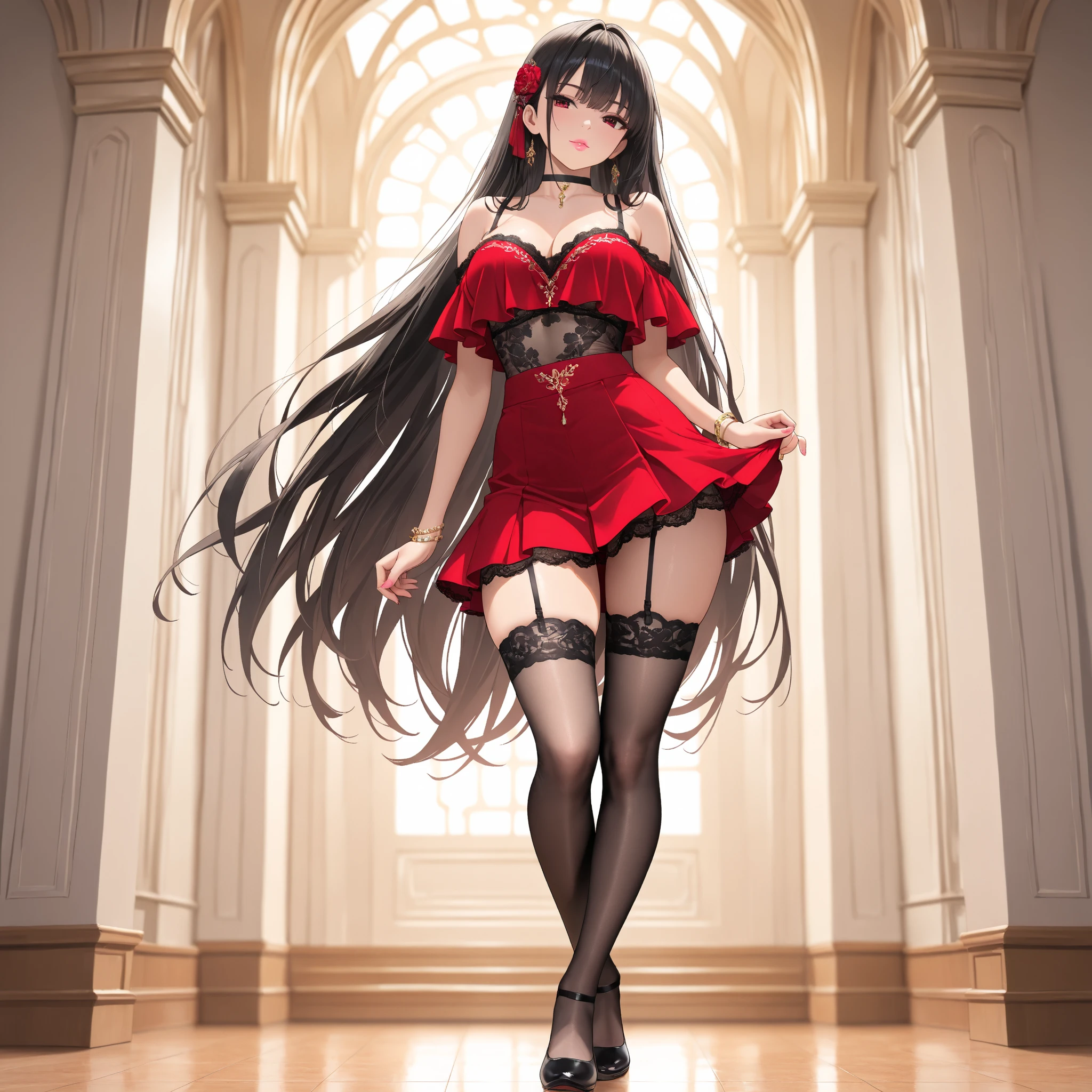 ((一人のWoman in underwearはセクシーに歩いている:1.5)), Beautiful Anime Women, Beautiful art style, Anime characters, ((Smooth texture, Realistic texture, Anime CG Style)), ((Highest quality)), (Very detailed), (Very detailed CG 統合 8k 壁紙), Very detailed, High-resolution RAW color photos, Professional photography, (Brown Hair, Stylish hairstyle:1.1), Great face and eyes, Beautiful and big breasts, Slender body, (Stunningly beautiful woman), (Detailed face:1.2), (Office corridor, There is a window in the hallway:1.4), (Many men in suits are walking in the background:1.5), ((Bow tie around neck:1.3), (Black high heels:1.1), (Sexy and cute red underwear:1.3), (Stylish shiny red satin panties, Side-tie panties, Panties with plain red center and lace decoration on the sides:1.3), (Thin panties:1.3), (Red Micro Lace Satin Bra, Red bra with lace trim, Thin bra:1.3), (lace garter belt, Garter Strings, Knee socks:1.3):1.3), (?????, Woman in underwear, 女性はブラとパンティとKnee socksとガーターベルトだけを着用:1.5), Exact number of arms, Exact number of legs, Perfect ???????, (Embarrassed expression, Surprised expression), Angle from the front, Exact finger count、Exact number of legs、(Exact number of arms:1.0, Exact number of hands:1.0), (Perfect hands, Perfect ???????)
