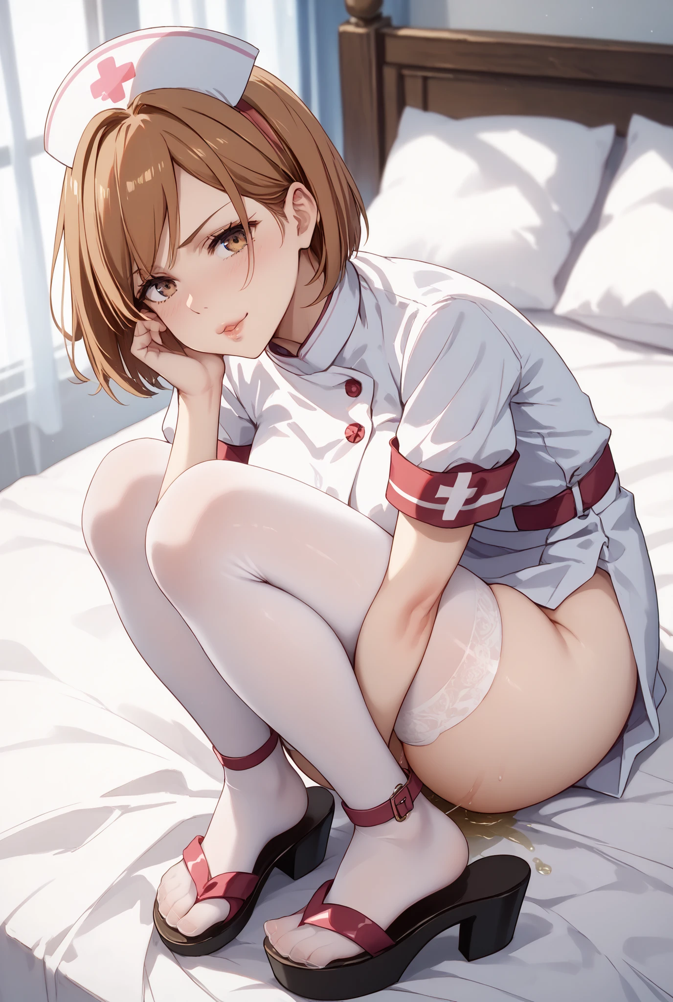 highly detailed skin, highly detailed face, (beautiful detailed eyes, the girl smiles, red cheeks), (a girl is sleeping on the bed),  is a cute 18 year old nurse, spread your legs:1.5, ((no panties, Cute, thin pubic hair)), (Not wearing a bra, small breasts, cute nipples), ((white tights)), white nurse uniform, Plain white nurse cap, dark brown hair, pigtails, On a bed in a hospital room separated by curtains, ((Photographed from the front so that the girl&#39;s whole body is included)),