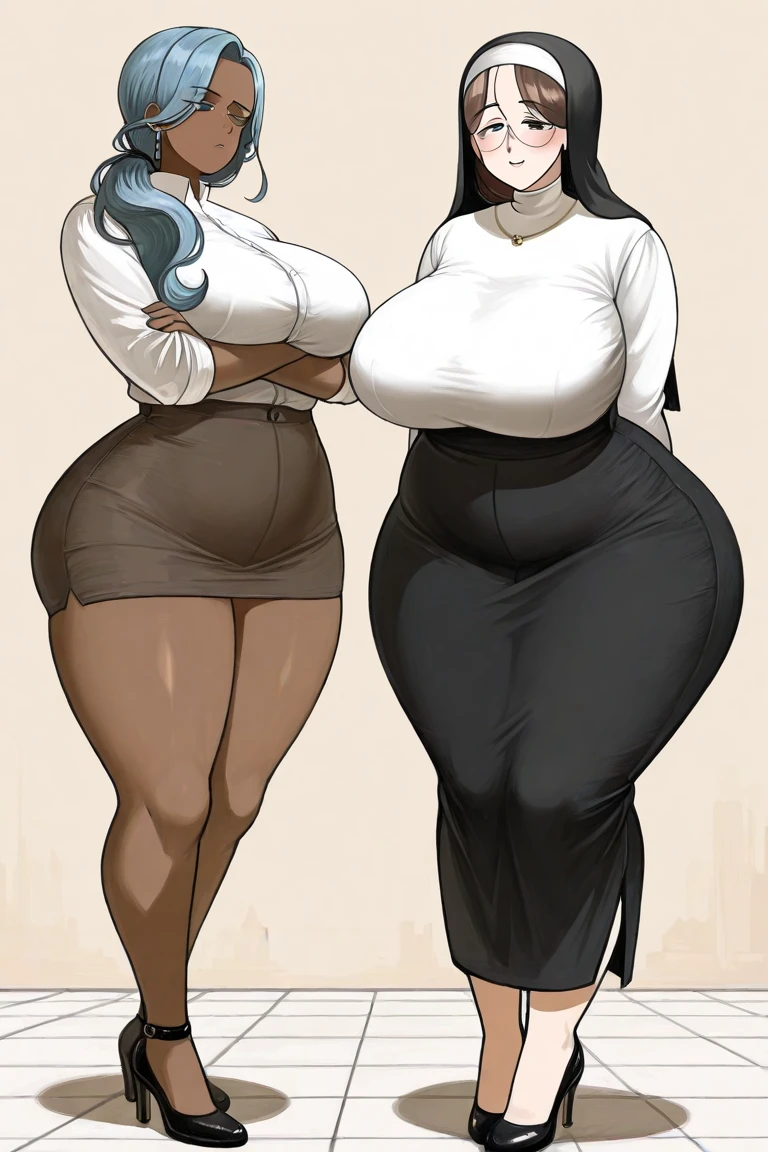 four extremely fat women, huge bust, 300 pounds heavy, long black sweater, black pants, large stomach, lovehandles, smiling, blonde hair, wearing glasses