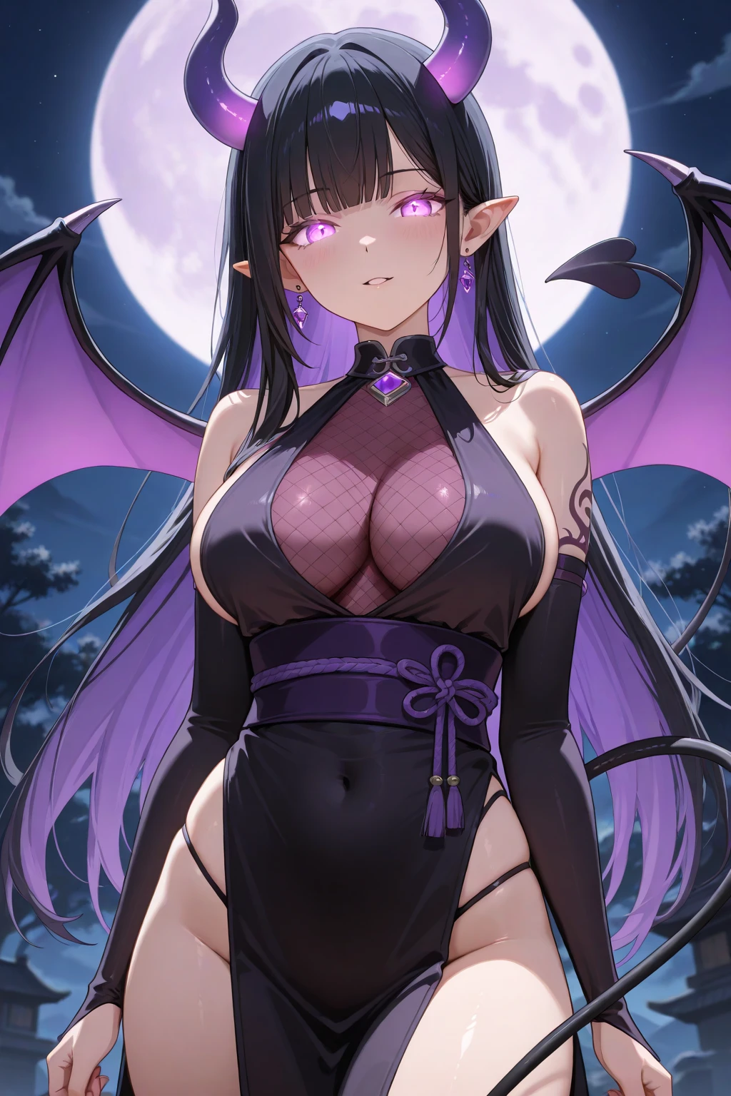 (highres,detailed,realistic) Black hair, female succubus with (extremely detailed,beautiful) pointed long ears, dressed in a (elegant,silky) black silk dress, standing under a (stunning,vibrant) starry night sky. The succubus exudes an air of (mysterious,enticing) allure, with (seductive,alluring) eyes and (lush,full) red lips. She stands gracefully with a (confident,alluring) posture, as her (flowing,long) black hair cascades down her back. The night sky is filled with twinkling stars, creating a (magical,eerie) atmosphere. The succubus embodies a sense of (mystique,magic), her presence both (captivating,fascinating) and (enchanting,magnetic). The surroundings are bathed in a (deep,dark) color palette, with hints of (purple,blue,indigo) adding to the (mysterious,otherworldly) ambiance. A soft, (moonlit,ethereal) glow illuminates the silk fabric, highlighting its (smooth,lustrous) texture. The succubus' eyes possess a (piercing,intense) gaze, while her lips shine with a (subtle,enticing) gloss. This artwork captures the (beauty,essence,spirit) of the female succubus in a (mesmerizing,alluring) composition that evokes a sense of (intrigue,wonder) and (,erotic) charm.