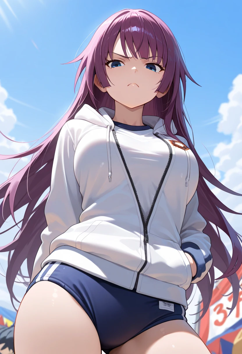 (Highest quality:1.2, 4K, 8k, Studio Anime, Very detailed, up to date, Vibrant, Attention to detail, High Contrast, masterpiece:1.2, Highest quality, Best aesthetics), (((1 girl))), Purple Hair,(Twin tailedium Hair&Straight hair))、Large, round eyes, smile, (beautiful girl: 1.3), Looks about 15 years old、(Pleated skirt), (Track jacket 1.2), (((zettai ryouiki)))Rear view、night、(((arms behind back)、Riverside、Wet、Focus on the very big things, Round and beautifully shaped butt,smile、Dynamic Angle, look up:1.3, Friendly atmosphere, Beautiful Hair, Shiny Hair, Beautiful Skin, Detailed face and eyes, Glossy Lips, Curvy Women, Striking contrast,
