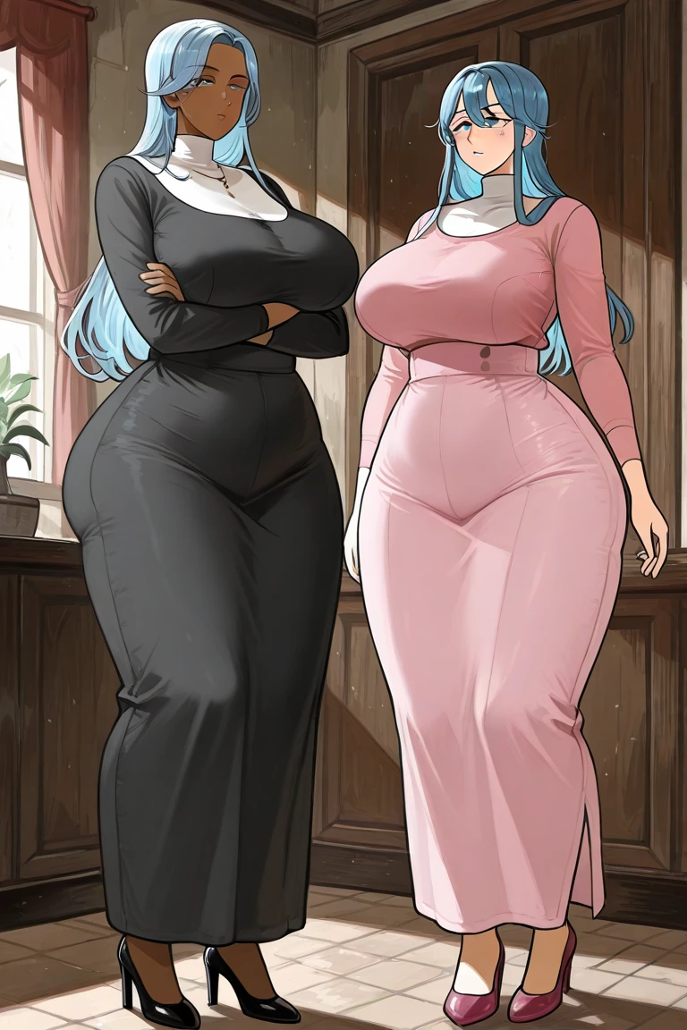 High detailed, 2 girls, different colored hairs, different hairstyles, busty, firm plump body, matching uniforms, matching physique, long dress, Juliet sleeves, posing together