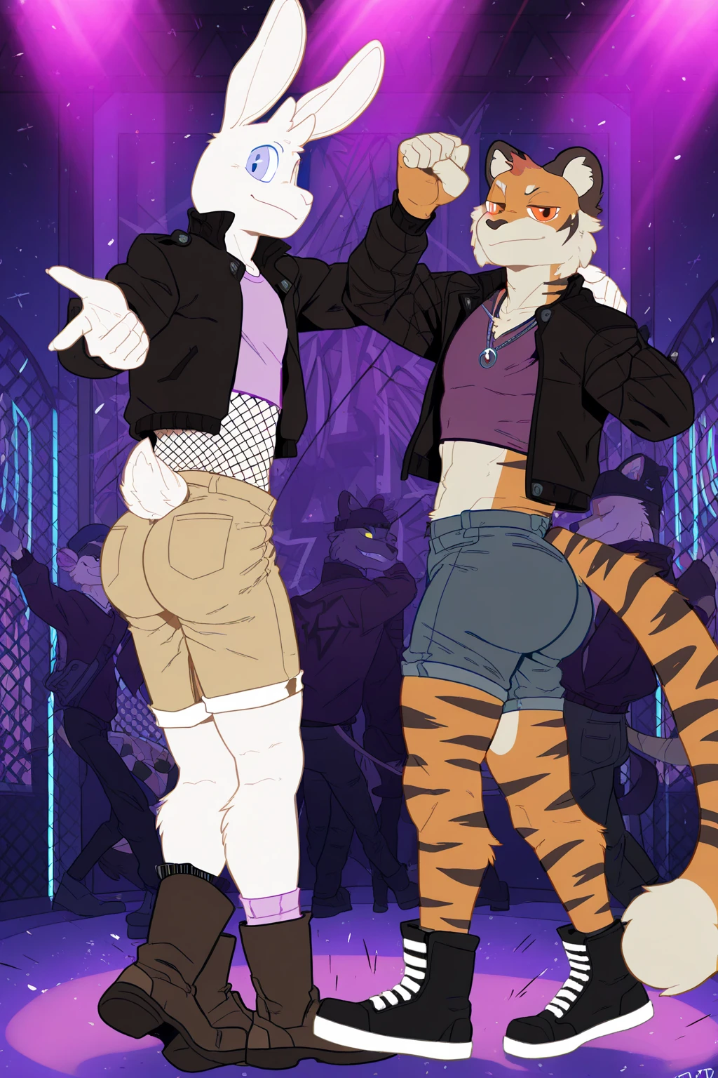 trending on pixiv, (masterpiece), (anime), (furry), (2males), (skinny biological scientist professor: multi coloured skinny sheep with demon horns and dressed with a white coat and goggles.) beside (secret service officer: black fur panther.), (small build), (tail), (fur paws), (round butt), (from behind), torn clothes, revealing skin, revealing butt, (cute)