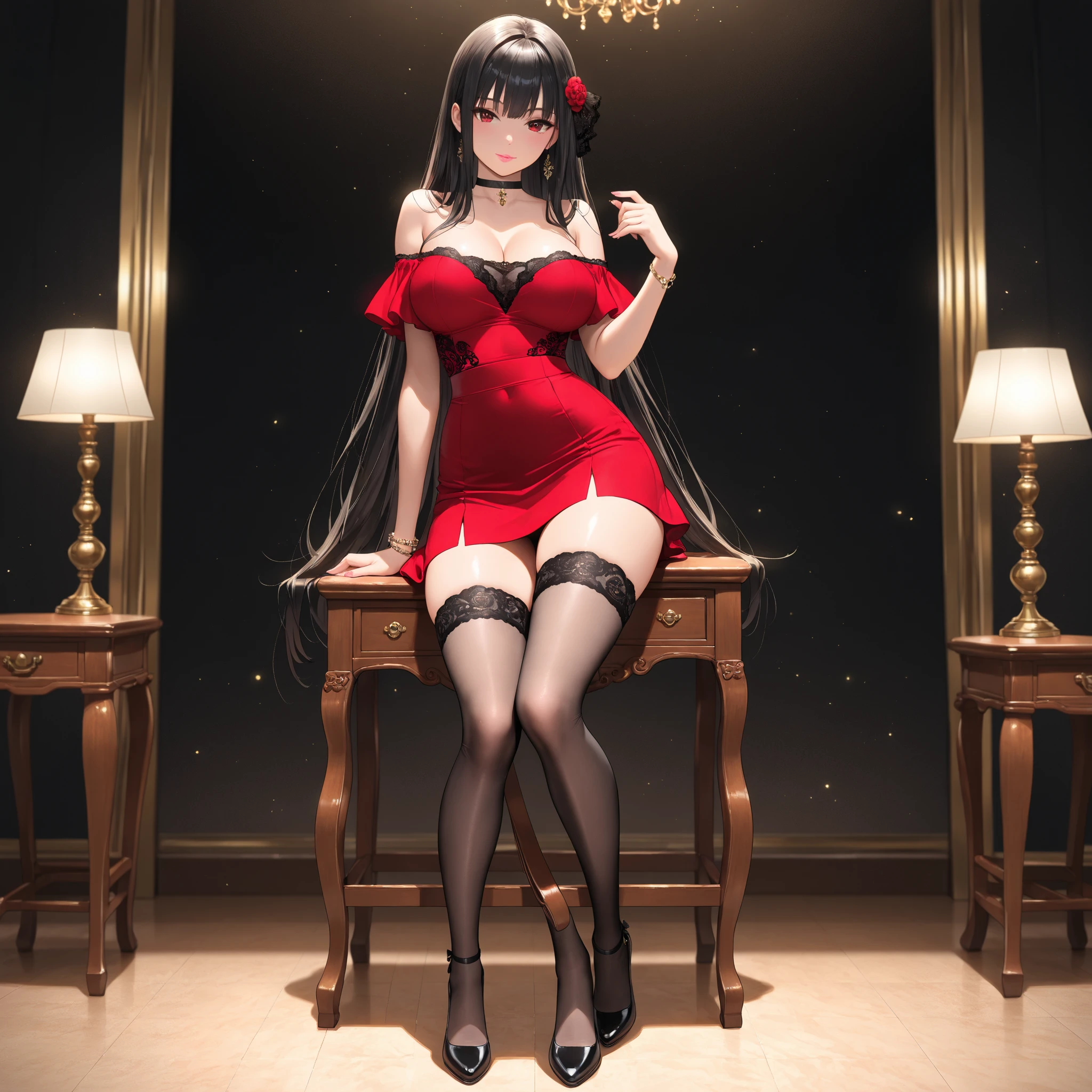 A woman wearing red cami dress, exposed shoulder, golden put on with red ruby, long transparent black stockings, red heels, big breasts, black hair, long hair, golden olive leaf in her hair, standing in a large room, eyes red, red eyes, ruby eyes, perfect face, perfect lips, perfect eyes red luxury chair, piano in the living room, large luxury windows, perfect lighting, luxury wooden floor with carpet, artistic paintings on the wall, (Azur_lane, IJN_Taihou)UHD, masterpiece, accurate, anatomically correct, textured skin, super detail, high quality, best quality, 8k, high resolution, bokeh effect.(solo woman),white gloves, close view.