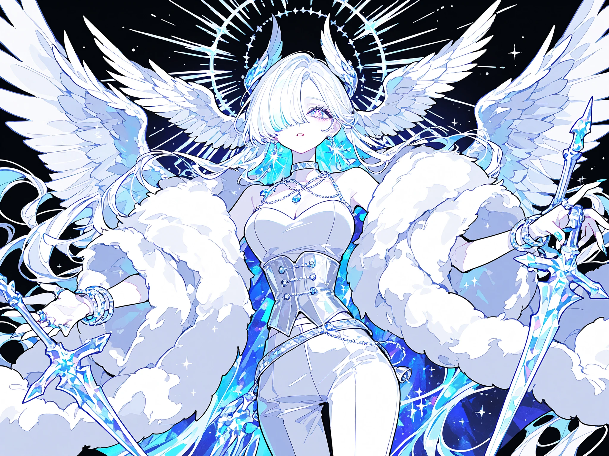 (xxx667_illu,)(feathered head wings, demon head wings, [color] head wings, multicolored head wings ,)The winged woman is angel. She has a mature bodybuilding  with big breasts , thin waist and wide hips. She has sparkling white skin. She has fluffy feathered winged ears on her head. She has long diamond manicured claws.  She has long white hair combed to one side and part of her long bang over one eye covers half of her face. She has white pearly eyes with starry sparkling star-like pupils. She has two huge mother-of-pearl angelic wings on her back and  diamond halo above her head. She is dressed in a white outfit: a silver corset, bell-bottomed pearly white trousers, a silver belt with pendants, and a white short furry arctic fox fur coat. She has a lot of silver jewelry with large diamond earrings,crystal pendants on a silver choker, a bracelet, and rings with diamonds.   She carries with her a short crystal throwing dagger blades with a silver hilt. On the background: The starry night sky, the silver balcony of the palace.