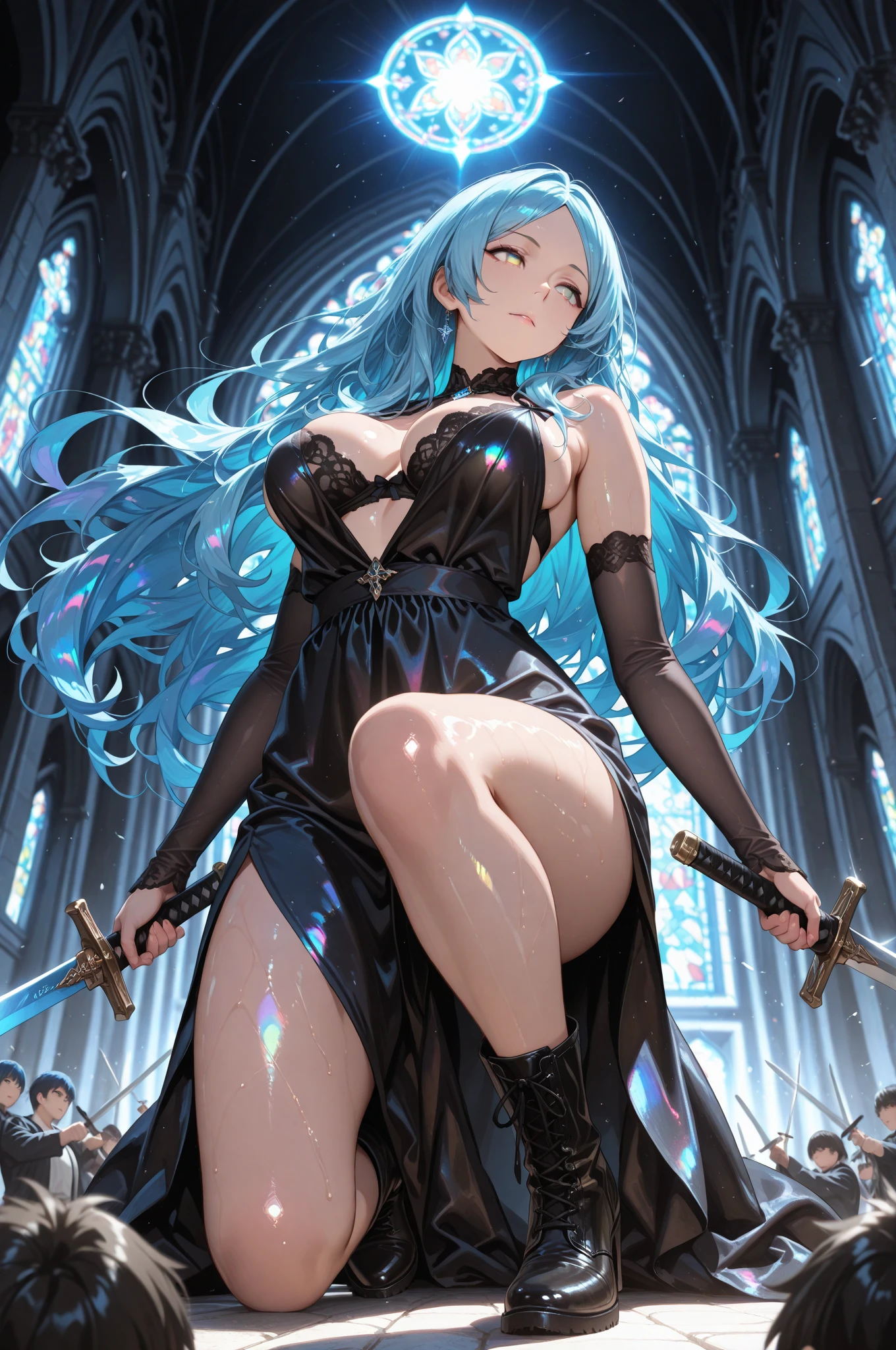 masterpiece, best quality, highres, side view 1girl, short light blue hair, witch, long skirt, black mantle, looking at viewer, ubel, staff, curvy, armpit, smile, mole on face, nipples, nsfw, hentai