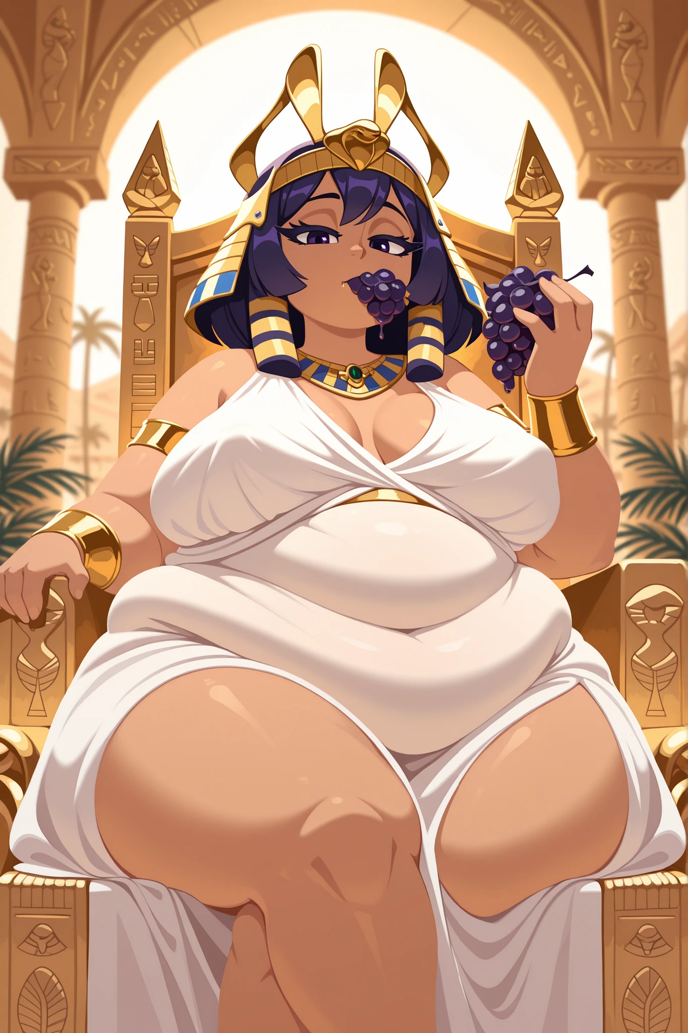 (Masterpiece), (detailed), (high res), (best quality), curvy egyptian queen sitting on throne with bloated belly