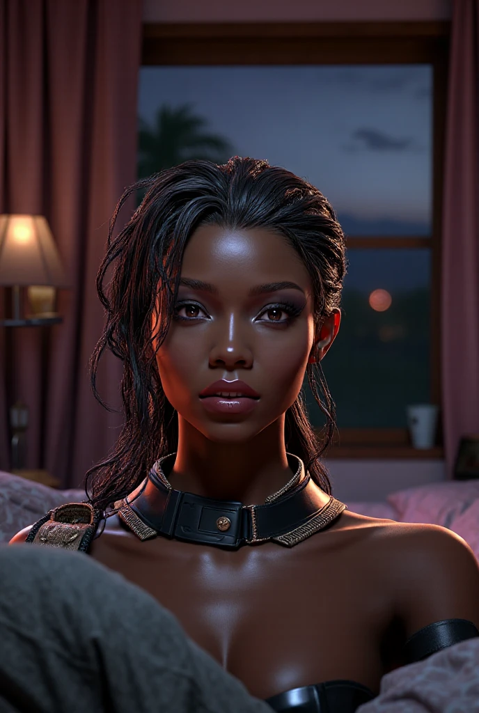 score_9, score_8_up, score_7_up, score_6_up, 1girl, solo, jewelry, rating: safe, brown_eyes, black_hair, lips, makeup, armlet, breasts, egyptian, egyptian_clothes, dark_skin, nose, earrings, gold, lipstick, cleavage, realistic, looking_at_viewer, medium_breasts, open_mouth, oral_invitation, piercing, gyaru, blunt_bangs, bangs, bob_cut, vampire, long_fangs, (from_above:1.3), downblouse, dark, silk, see-through, blood_from_mouth, black_robe, forest, night, moonlight