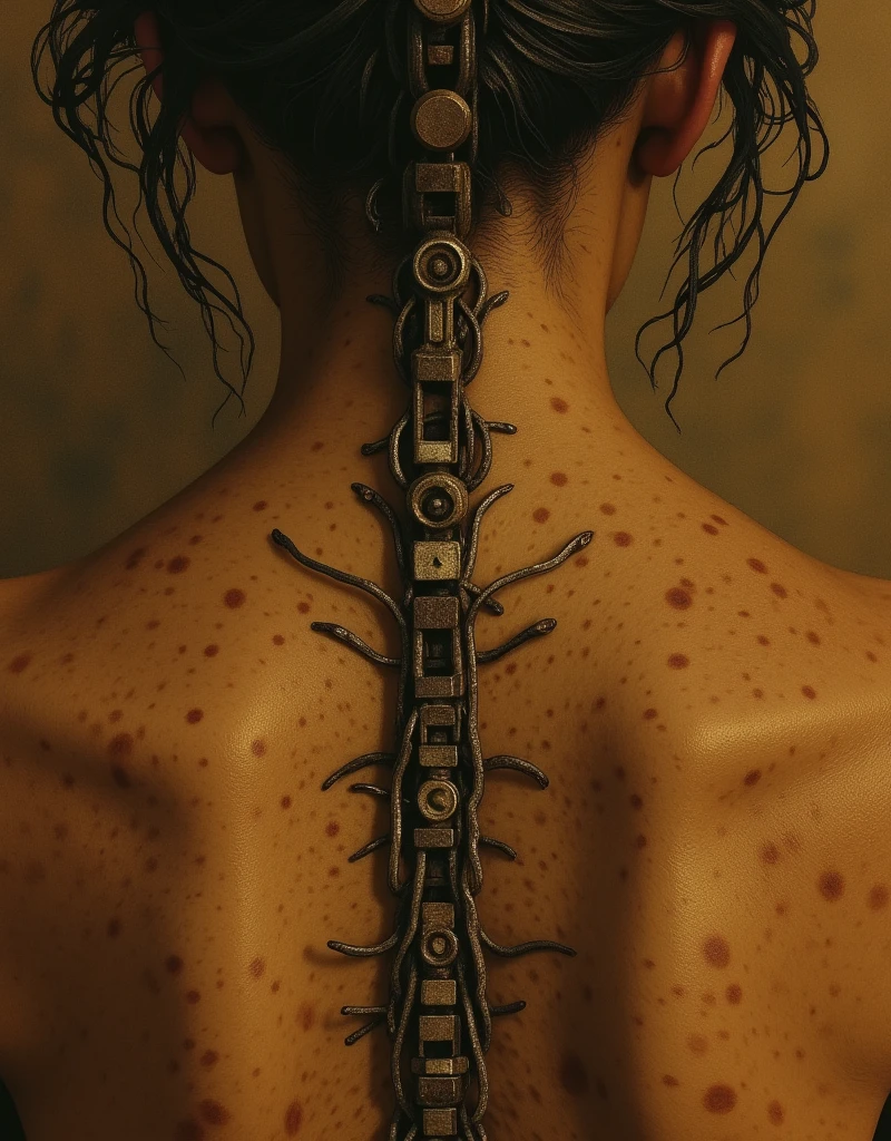neck Tattoo, from above, backview, detailed background, by Beeple, best quality, masterpiece, very aesthetic, perfect composition, intricate details, ultra-detailed