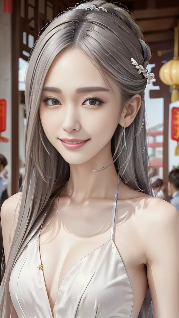 (((Very elegant and beautiful、Perfect detail、Very detailed)))、whole body、The most detailed girl、Thin legs、One Girl、30 years old、Spiked Hair、Gray and silver hair、Beautiful and detailed hair、Perfect Face、Smile with your mouth slightly open、Delicate arms and hands、Pale skin、Earrings、Beautiful and gorgeous necklace、Very delicate and beautiful、(((Trendy hairstyles)))、(Inside the room、Stylish interior、window)、View from the front、((whole bodyを見せる))、(((topless)))