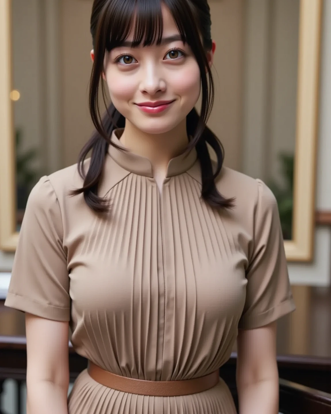 Mix 4,(Highest quality), (Realistic),(Simple white background:1.2), (21 year old girl 1:1.5), Upper Body, A face with attention to detail, smile,[Ash Blonde | Ginger | Brown gray hair], Fujifilm XT3, beige, Camel, black, or red、High-waisted pants in neutral colors like silver and blue, Silk blouse and structured blazer combination, Creates a sophisticated and powerful appearance,(8K), bangs, short hair、Random outfit、Random sexy poses
