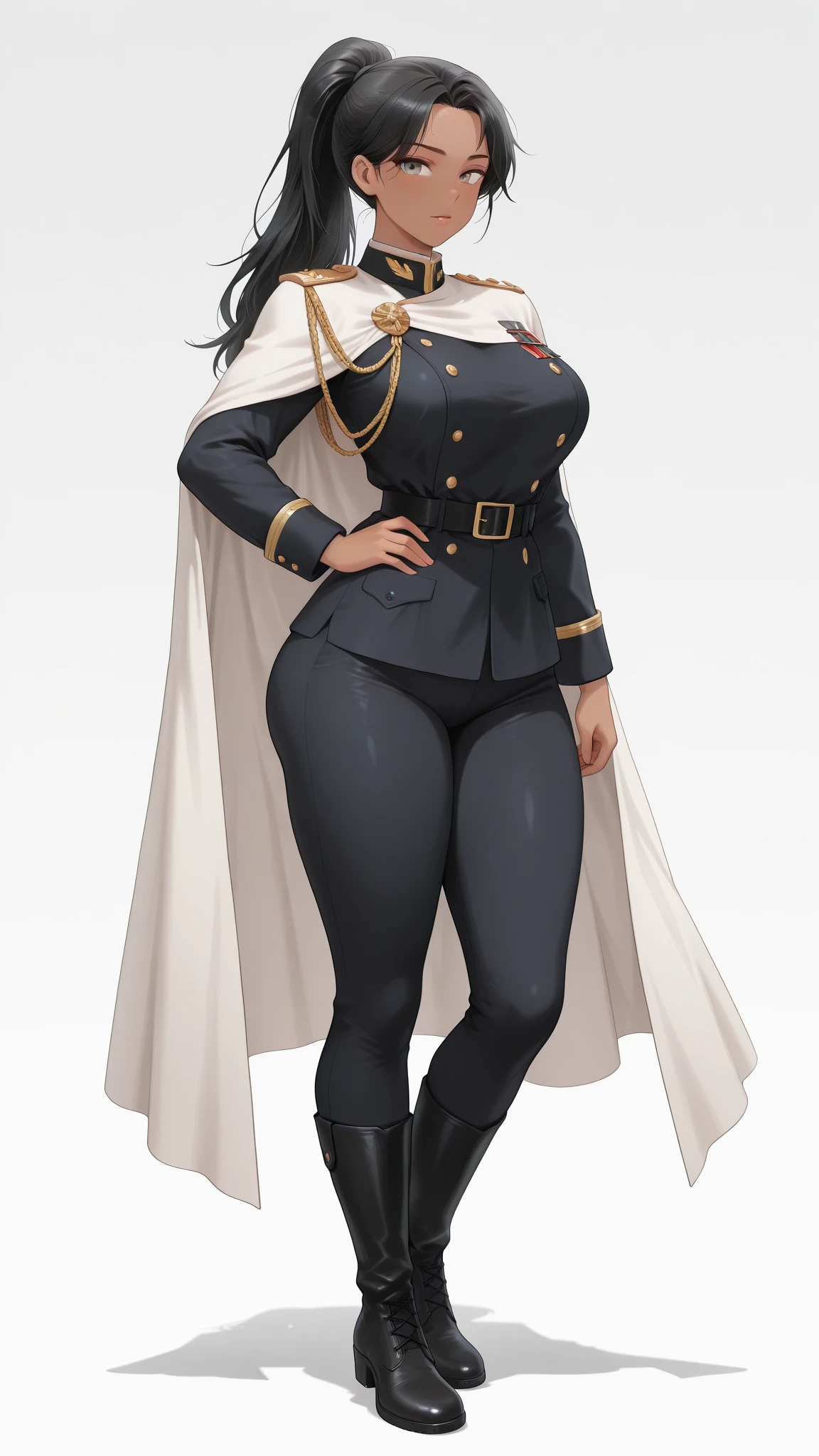  young adult girl, Tall stature, little chest, closed mouth, Slavic appearance: Green eyes; blond hair; sharp facial features; dimple on the chin; Straight nose; high nose; pronounced high cheekbones; high forehead, stands upright, (gigantic breasts:1.4), detailed face, military uniform:  double-breasted overcoat; pants, Full-length painting, leather gloves