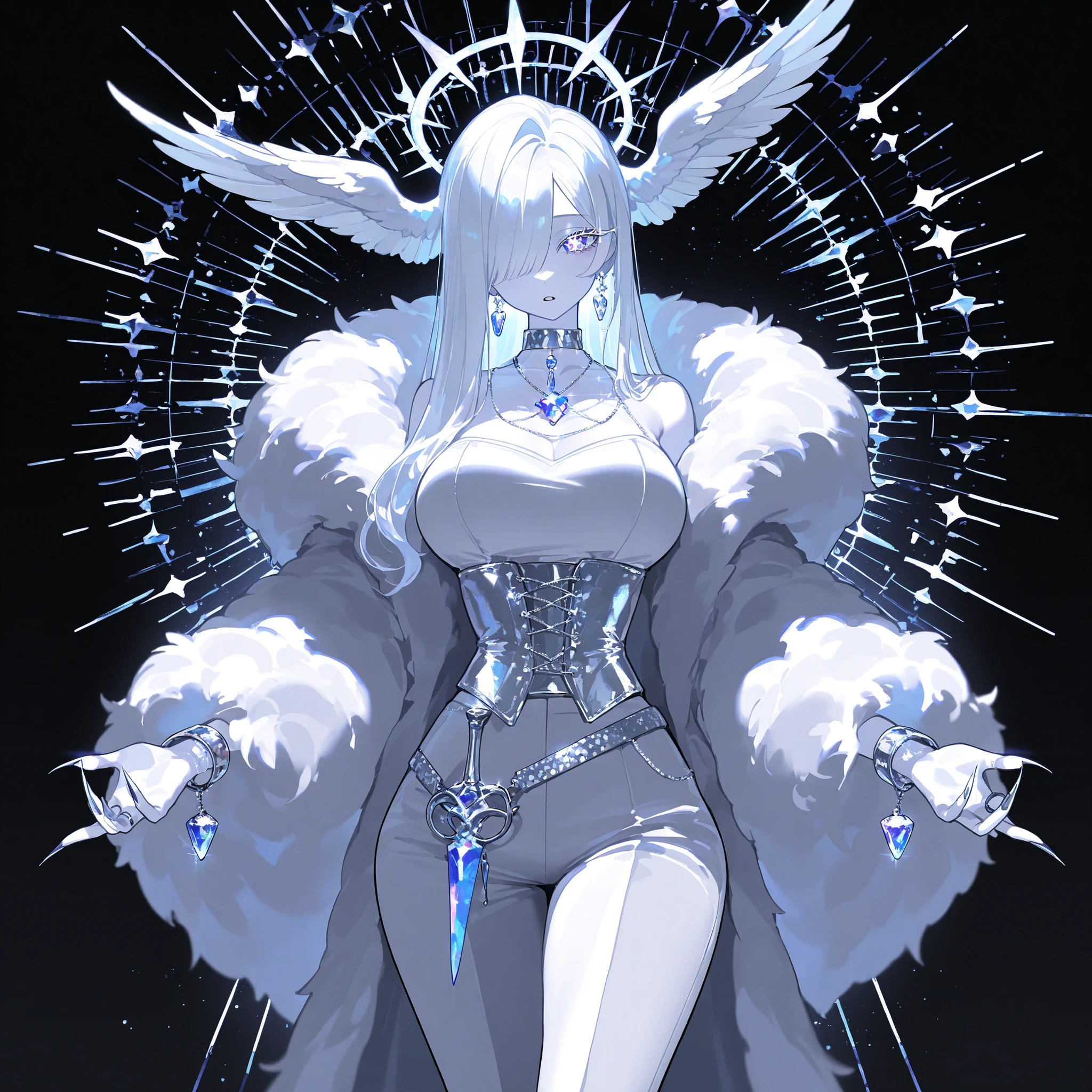 (xxx667_illu,)(feathered head wings, demon head wings, [color] head wings, multicolored head wings ,)The winged woman is angel. She has a mature bodybuilding  with big breasts , thin waist and wide hips. She has sparkling white skin. She has fluffy feathered winged ears on her head. She has long diamond manicured claws.  She has long white hair combed to one side and part of her long bang over one eye covers half of her face. She has white pearly eyes with starry sparkling star-like pupils. She has two huge mother-of-pearl angelic wings on her back and  diamond halo above her head. She is dressed in a white outfit: a silver corset, bell-bottomed pearly white trousers, a silver belt with pendants, and a white short furry arctic fox fur coat. She has a lot of silver jewelry with large diamond earrings,crystal pendants on a silver choker, a bracelet, and rings with diamonds.   She carries with her a short crystal throwing dagger blades with a silver hilt. On the background: The starry night sky, the silver balcony of the palace.