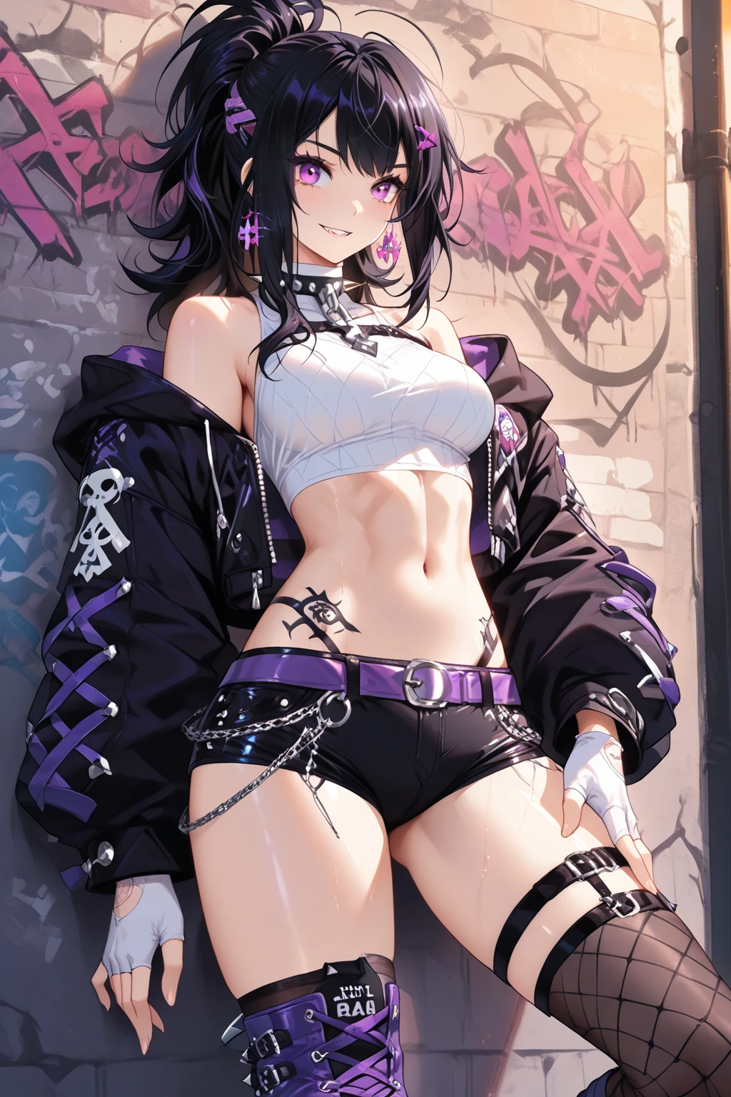 ubel,dark green hair,long hair,side ponytail,hair between eyes,bangs, BREAK (beret, black jacket, open clothes, cleavage, midriff, black shorts, black thighhighs, thigh strap, fingerless gloves, single glove:1.2), Photo,sharpness, F1.6 lens,hyper-realistic textures,spectacular light textures, Cinestil 800 Fashion Mechanics,(((Beautiful woman with left leg restrained and hung by chains))),Appearance,Beautiful girl with accentuated slender abs: 1.1,six-pack abs: 1.1, Bust Botox,Standing on tiptoe, long legs,Long brown hair fluttering in the wind,Brown hair, Long hair, Female Warrior Costume,(No panties,No bra),(tacticul battle fashion,elbow and knee tacticul battle fashion, battle glove: 1.1),((cute batre costume)),The belly comes out and the navel is visible,Thin sheer costume, combat gloves,shredded costumes,cyber long combat boots with golden knee pads,Anatomical,(futuristic sci-fi battle fashion, new elbow and knee cyberpads, new cyberlong boots, new cybergloves: 1.1),(tied perfectly by iron chain), Restraint, Slave, collars, contempt, (Chained), 4 chains hung from heaven, Metallic shackles and fetters, wet crotch clearly visible,((Hands are restrained above the head)), the neck is chained,Chain from left knee to heaven,Chained by rusty iron chains,((the tip is protruding, areolas protruding,The shape of the pubic harearea is clearly visible:1.2)),Sweating,Wet,Wet crotch,Wet thighs,Junkyard, Realistic, (cute, perfect clothes, skimpy clothes, cute: 1.3) ,Vast miritary base in us,((wide mirtary hospital with summer sunlight)), peeling ceilings, Rebar between, Realistic material details, Extreme details, Ultra-realistic materials,narrow waist,(with sparkling eyes and a contagious smile:0.9),looking at viewer,
