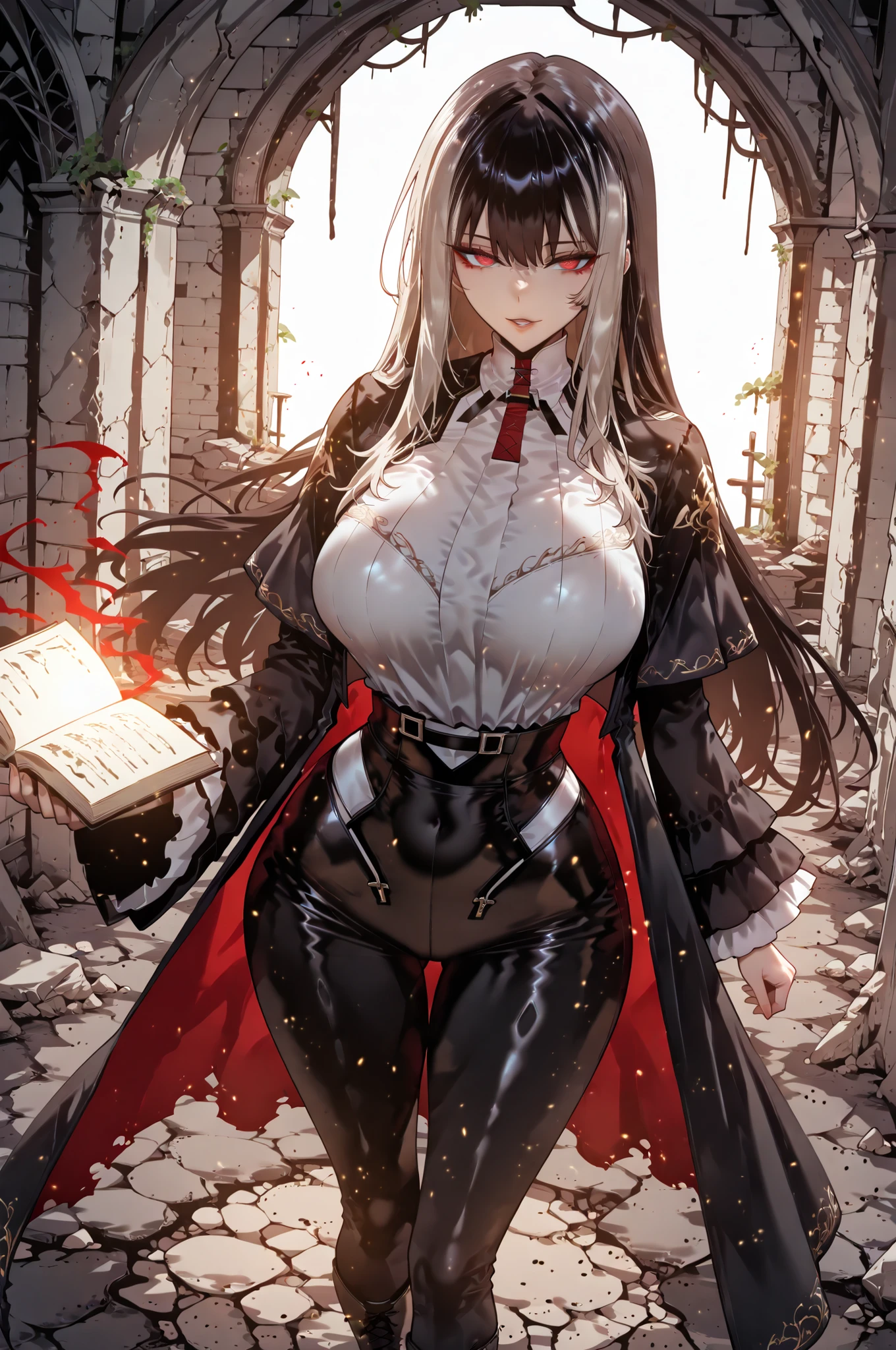 Ball of Light、光magic、taken from above、caveの中、Ruins、black suit、black longsuit、 black long jacket、ゴスロリなshirt、Depressed、Tall Woman、A woman in her thirties、 Alassah's woman、Steins;Gate、 black longsuit 、score_9, score_8_up, score_7_up, Source_anime,masterpiece、No expression、no makeup、top quality,beautifully detailed eyes in a logistics warehouse, Exquisite Eyes、A sophisticated eye、highly detailed eyes and faces,unmotivated expression、lethargic face、 long breasts, Black Jacketを羽織る、Black Jacket、shirt, big saggy breasts, shockingly big breasts, big breasts,big boobs、boobs 、Zitoida, makeup、no makeup、long hair、smooth straight hair、black slacks、tall woman、Tall Woman、plump thighs, parted lips、 shining eyes,(Fire Aura Onkown),dungeon内、Crimson Eyes、long hair、dark haired、黒い髪、Long Straight Hair、dungeon、cave、Ruins、solo、soloプレイヤー、red aura、 Crimson Aura 、Wide ass、beautiful butt、and stick your butt into the focus of your butt、long boots、Shoulder Armor、Fearless Laugh、strong、Is confident、suit pants、黒いlong pants、Black Skinny、long pants、Dynamic、Satu、fight、Satu狂、俺だけレベルupな件、arrogant、 Confidence々The smile 、bewitching smile、Sadist、Satu中、hunting、hunting、intimidating、magic使い、magic、Spell Book、magic、Spell Book、magicの本、Floating Book、floating book、Pearl of Light、Light Ball、 Floating Books、Flying Book、左手にmagicの玉