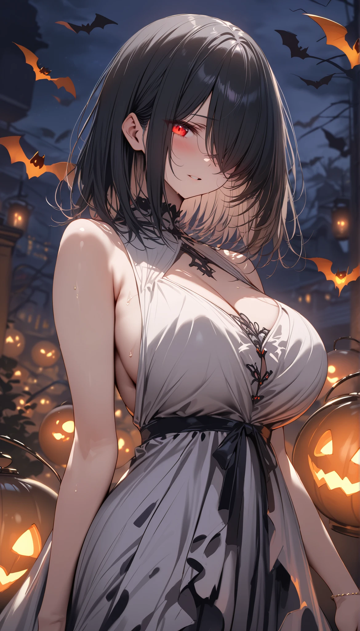 (masutepiece, Absurd quality, of the highest quality, Official art, Beautiful and aesthetic: 1.2), (One Woman: 1.4), Highly detailed, (Fractal Art: 1.3), lean forward and lift the skirt, Miniskirt, cleavage, Halloween、Halloween Venues、Detailed landscapes、Landscape Writing、Halloween costumes、 Cute illustration, Absurd solution, Ultra-detailed, Best Quality,