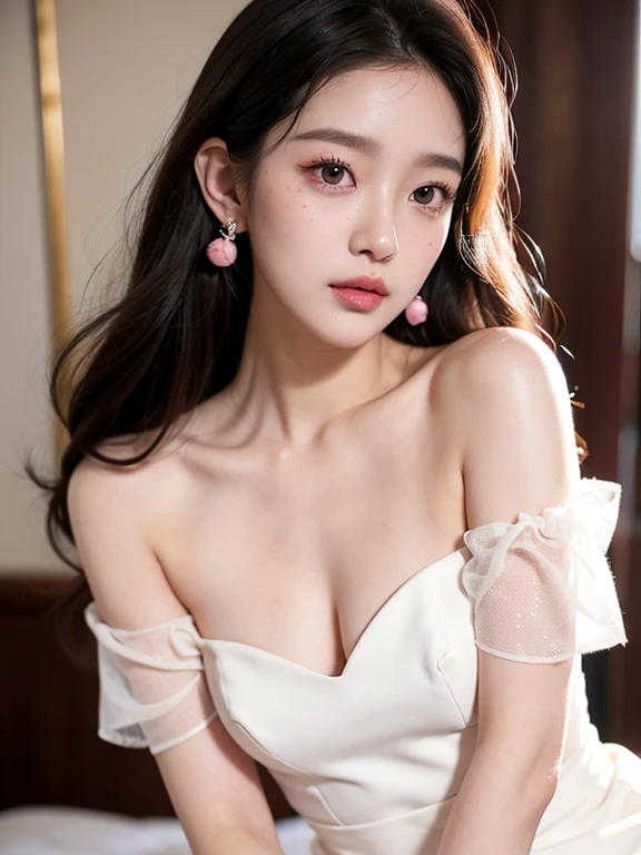 Kim Jennie with black hair, with curlers at the ends, Brown eyes, beautiful eyes, crying eyes, beautiful, splash your nose, watery nose, beautiful lips, pink lips, heart and cupid shaped lip, beautiful skin, pale white skin, with moles and freckles all over his face, soft pink blush on cheeks, soft pink makeup, Nice neck, marked collar, tender look, with a kiss necklace, while wearing a white dress, white dress with rose print, beautiful vestido, as long as you have a slim and beautiful abdomen, sexy (big breasts, soft breasts, beautifuls pechos), while in a restaurant eating noodles, autophoto, looking to the camera