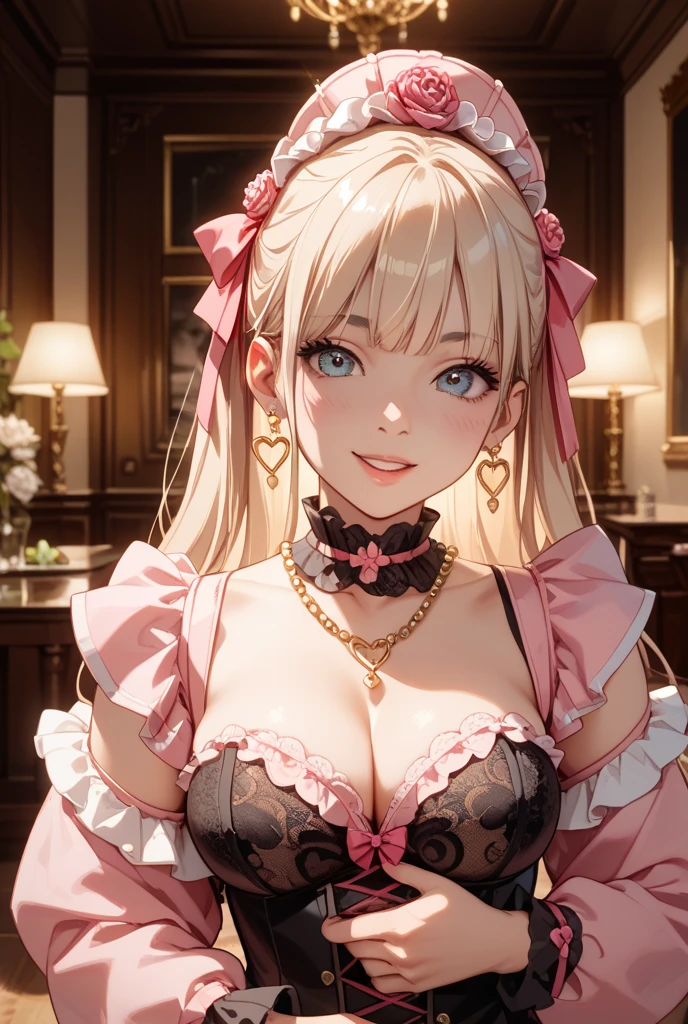 masterpiece,best quality,extremely detailed CG,ultra-detailed,1woman,vampire lady,seductive evil smile,elaborately designed dress,open stance,sexy makeup,pink eyes,blond hair,