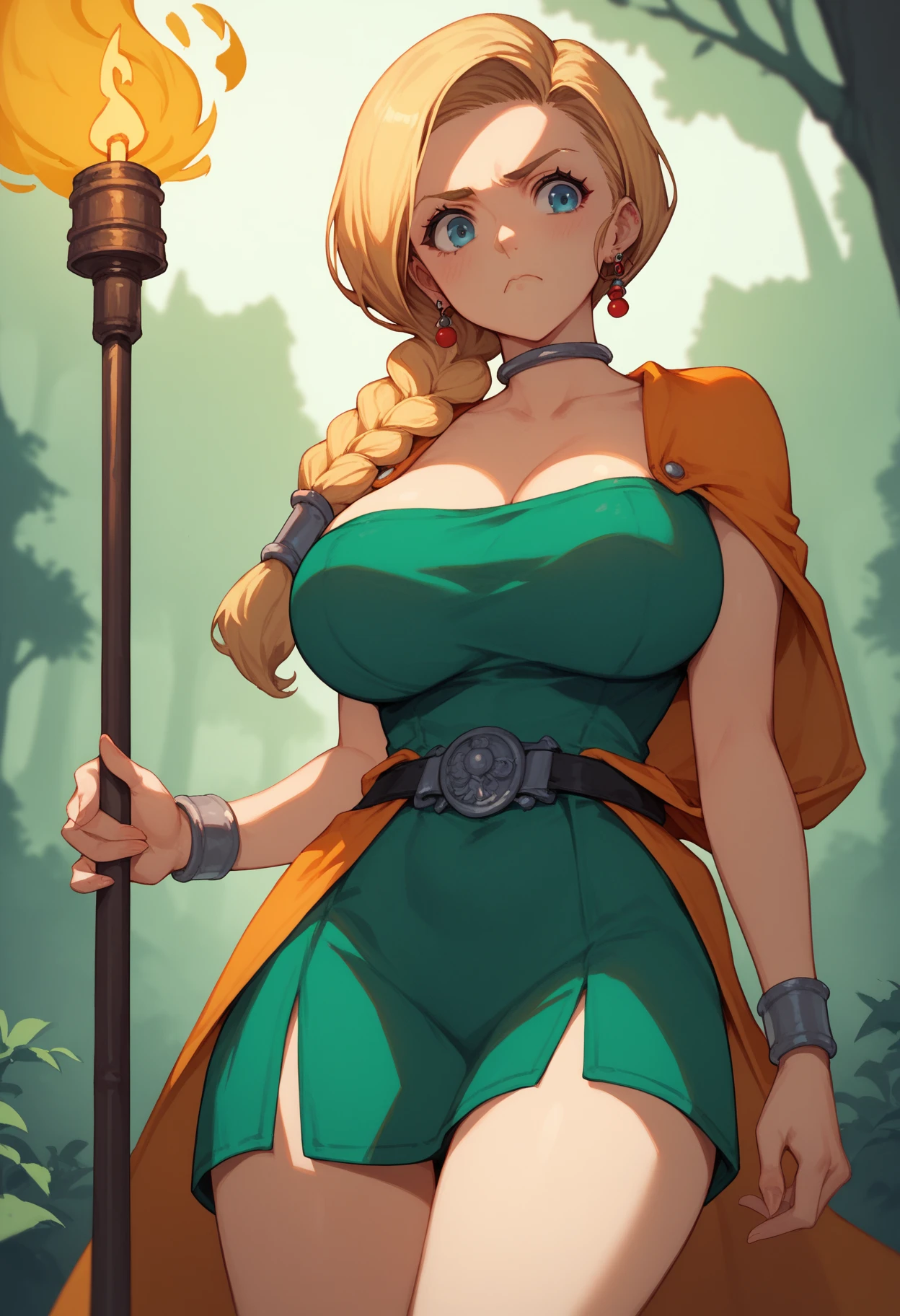 1girl, (solo:1.2), (looking at viewer:1.5), (upper body:1.5), (walking:1.2), (cowboy shot:1.5), (masterpiece:1.3), (best quality:1.3), (perfect anatomy:1.4), highly detailed, (secluded river scenery:1.2), (sunlight through trees:1.3), daylight,natural rock formations, nature,, <lora:Mario - Bowsette [Numeratic - v1.0]:1> bowsette, horns, white horns, blonde hair, long hair, spiked choker, spiked collar, cleavage, black dress, bare shoulders, earrings, large breasts, long dress, <lora:Nia4294 [MockAi - v1.0]:1> nia4294, (sketchy artstyle:1.3), vibrant colors, (simplified shading:1.2), saturated hues, film grain