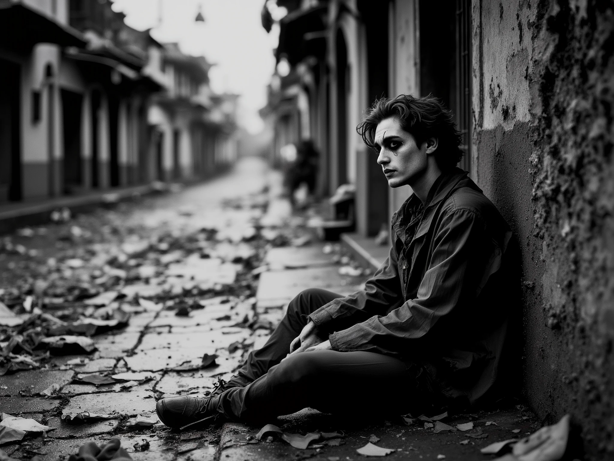 Black and white ultra-realistic photograph of a deserted street after a Brazilian carnival. Carnival remnants—paper streamers, trash, and decorations—are scattered across the wet cobblestone pavement. High-contrast lighting captures a young man in a Harlequin costume sitting alone on the sidewalk, leaning against a textured, rustic wall. His posture is defeated, makeup faded, and eyes downcast in melancholy. The atmosphere is heavy with silence and nostalgia. Analog film style with grainy HDR effects and soft contrast gain evoke a timeless, emotional depth. The blurred background enhances the sense of isolation and post-celebration emptiness.