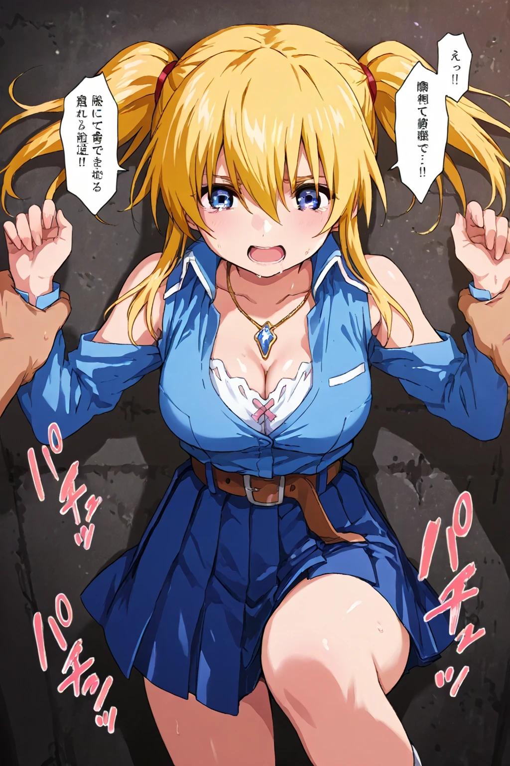 masutepiece, (Best Quality), Lucy Heartphilia, blonde hair, length hair, large breasts, breasts out, white shirt, Sleeveless, a belt, a blue skirt,Bound, Bondage, (arms behind back:1.4), BDSM, tape, TAPE BONDAGE, close-up, srestrained, best anatomy, Curled up, Upper body, blushing face, (front), (men touching her), touching hair, pov hand pulling hair, pulled hair