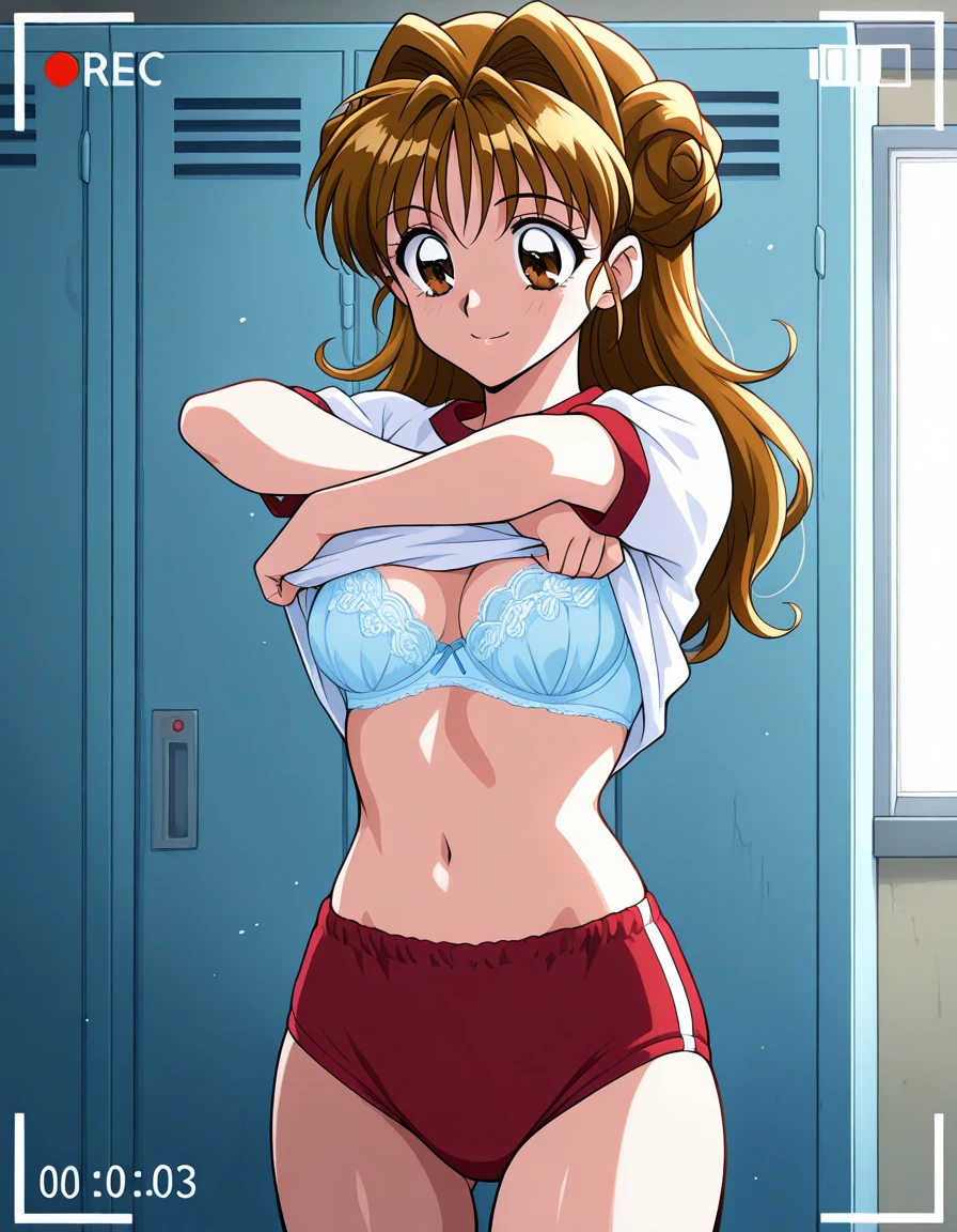 tomoko,length_hair, blush, smile,Open_mouth,Embarrassing,locker room,(((Lace Underwear))),(((blue lace bra))),Michiko_Take a selfie,