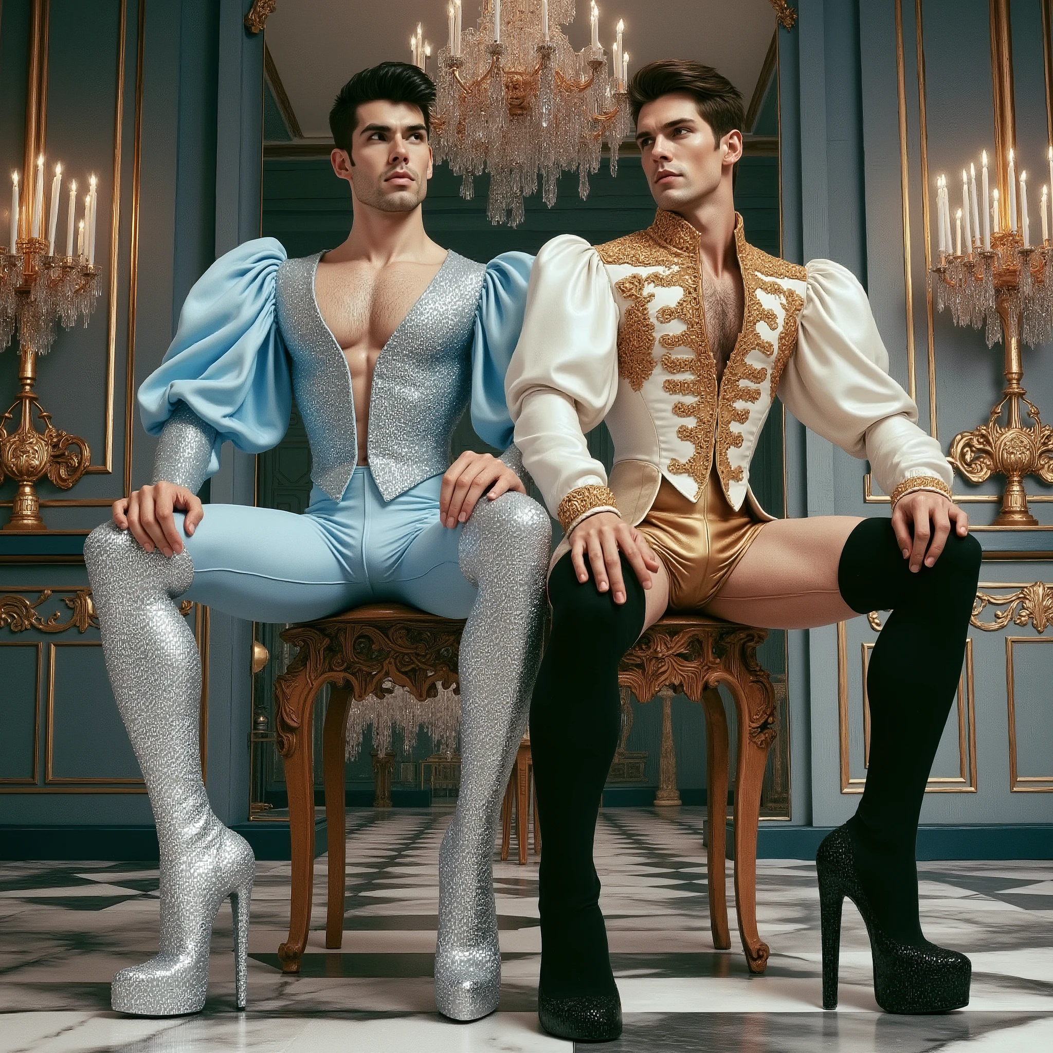 (4k, best quality, masterpiece, photo, beautiful eyes, ballet tights, crotch bulge, nutcracker ballet:1.35), (2boys, ballet dancers, prince defeats rat king:1.5)