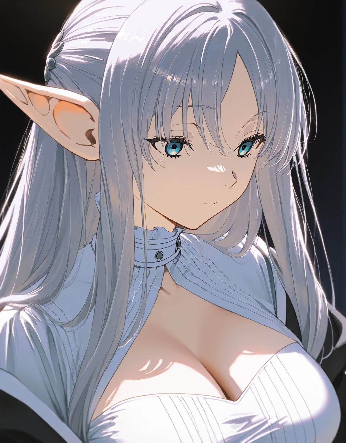 Bra, panties, huge tits, head band, busty, silver hair, elf ears, cool face, beauty mark under eyes, blue eyes, long hair, intrincate details, detailed, masterpiece, best quality, 4K, HDR, royal hall, gothic building, upperbody,