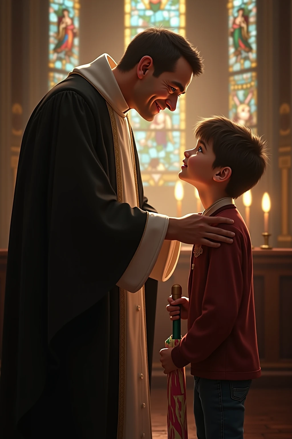 Kid and a priest talking drawing