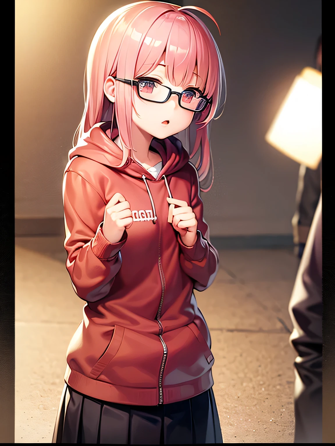 girl with glasses, light brown hair, brown eyes and half green in the middle, wearing black sweatshirt and pink shorts, bedroom scenery,(((very high quality)))), 4k,