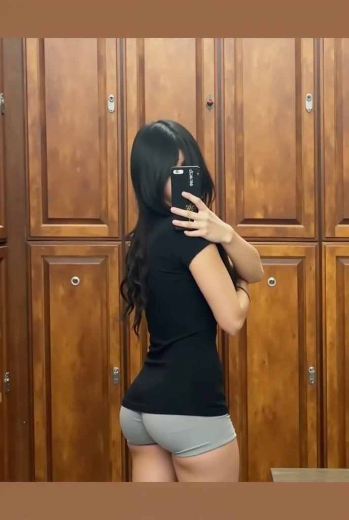 (photorealism:1.2), indian woman, early 50s age, brown body, long black hair, taking mirror selfie by iphone, sides of mirror not visible, phone covers face, phone vertical, front facing, standing, standing confidently, full body from head to toes, room, large black wardrobe without any design in the background, wardrobe door closed, wardrobe kept parallel to mirror, sides of wardrobe not visible, lights out in room, dark room, mild spotlight from top, pink loose formal trousers, upper body naked, chubby body, hip folds, face hidden, eyes hidden, no bra, nipples hidden by long hair