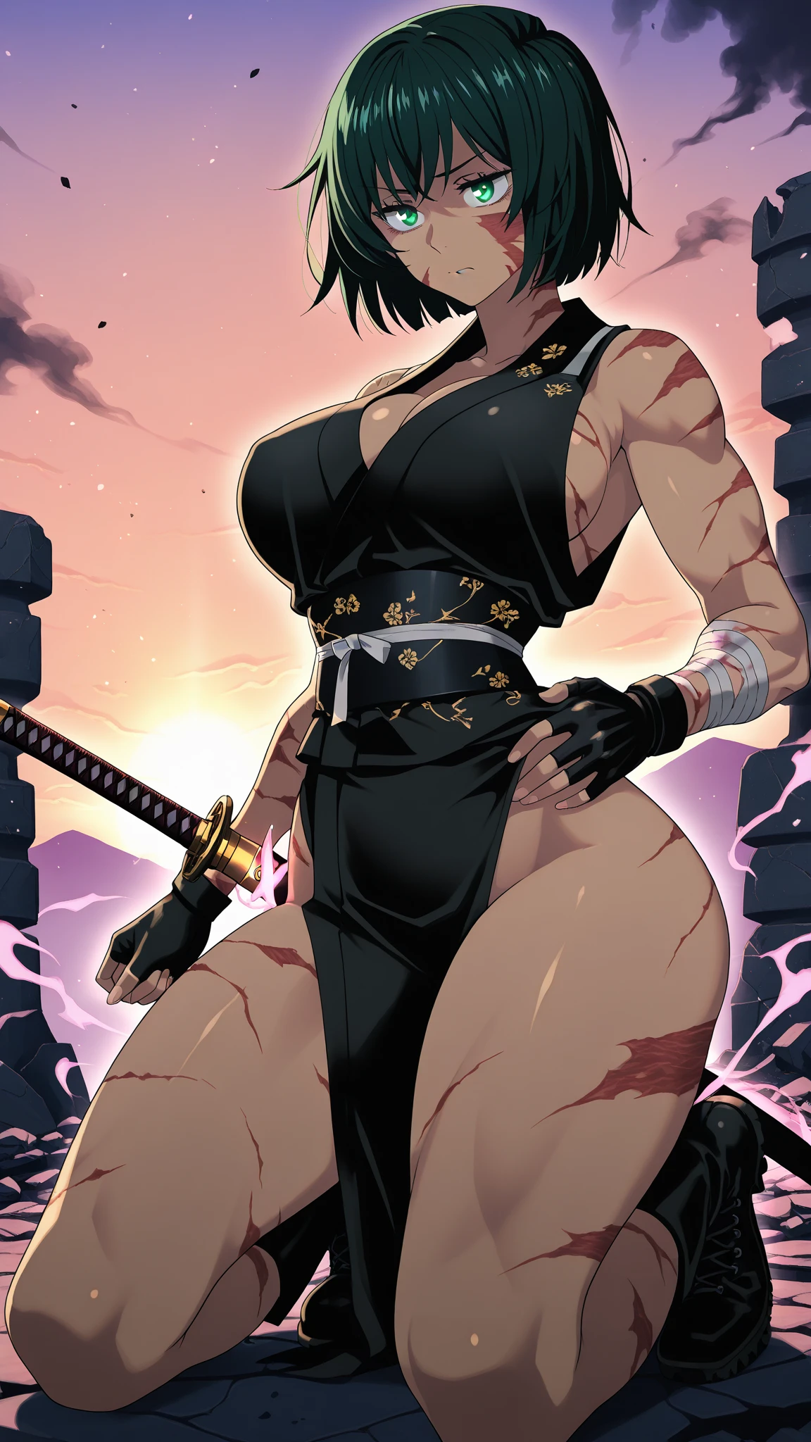((Massive Female Bodybuilder:1.5)) pale skin black hair ultra detailed eyes (huge breasts:1.9) toned body embarrassed blush very long hair yellow eyes (Sexual Erotic samurai:2)