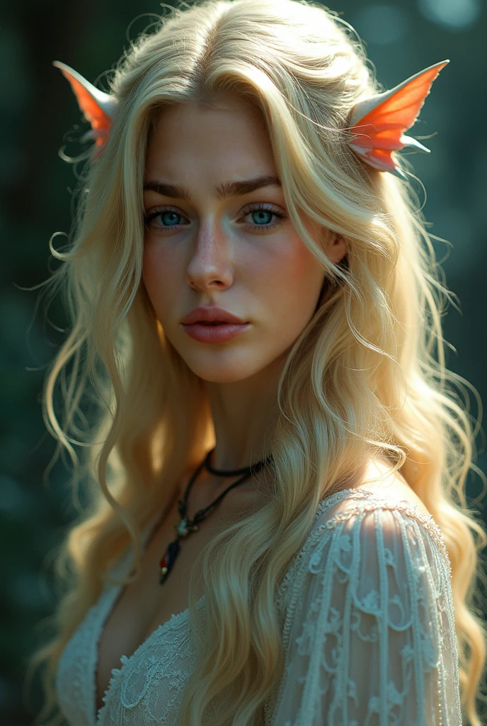 ( masterpiece, top quality, best quality,8k,17 years old girl,ultra detailed,raw photo:1.5),(photorealistic:1.4), (cinematic lighting), PerfectNwsjMajic, , Surrealism, UHD, ccurate, Super detail, textured skin, High detail, Best quality, dynamic angle, White skin,[Beautiful blue eyes], high nose,[flat chest:large breasts:0.5],(1girl),((good anatomy:0.5)),(covered in flowers:1.4), night sky, joint, (Blonde hair:1.3), interested in, fire and ice, (The image is divided into two，Available in a variety of colors:2), eyes blues, sapphire, liquid metal, night sky, (Look at an angle:1.3), (fire and ice), ((Lower chrome)), (hairpin:1.4), (forest:1.3), (fog: 1.3)