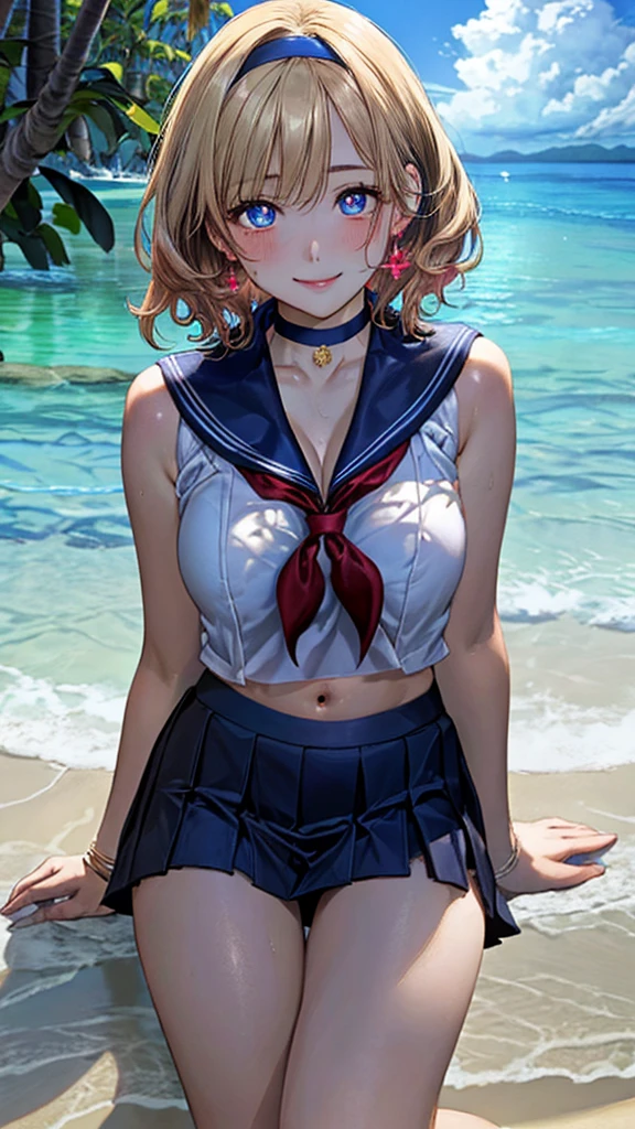 (masterpiece:1.2, highest quality), Very detailed, (Realistic, photoRealistic:1.4), Beautiful illustrations, (Natural Side Lighting, Cinema Lighting), Written boundary depth, (from below), 
Beautiful Hair, Beautiful Face, Beautiful details, Beautiful clavicle, Beautiful body, Beautiful breasts, Beautiful thighs, Beautiful legs, Beautiful fingers, Slender and perfect style, Toned Abs、belly buttonピアッシング、short body、
View your audience, 1 girl, Japanese, Idol sculpture, high school girl, Perfect Face, Cute and symmetrical face, 
(((short hair)), blonde), blue eyes, Realistic pupils, Long eyelashes, (Large Breasts, Thin and slim thighs), Sunburn, Glowing Skin, Accentuate your cleavage, ((Sunburnした褐色の肌))、
((Sleeveless navy sailor shirt, Open Front, belly button, Navy sheer micro mini skirt, Red Sailor Scarf), choker, Wrist Chakra, hair band, White string panties, High leg bikini), Underwear that shows the shape of a camel&#39;s toe、Bathing、
(Beautiful views), Tropical Beach, (Mr.々Sexy poses), (Cute Smile, Upward glance), A radiant smile、A sparkling smile、Broken face、