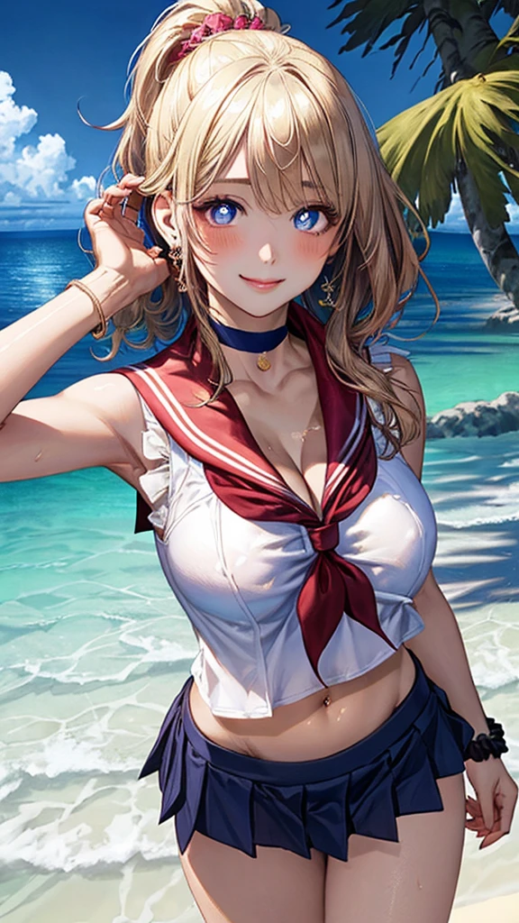 umi kousaka \(million live\), twin braids, long hair, hair over shoulder, (best quality, 8K, masterpiece, ultra detailed:1.2), shiny skin,cinematic angle,dynamic pose,
day, dappled sunlight, blue sky, beautiful clouds, beach, wide shot, depth of field, sailing boats, ocean, islands in distance,wind,
1girl, solo,cute, innocent, slight smile,floating hair, wet clothes, looking at viewer, head tilt,
side-tie bikini bottom, front-tie bikini top, striped, necklace, hair flower, heart earrings, white shirt, open shirt, floating clothes,
