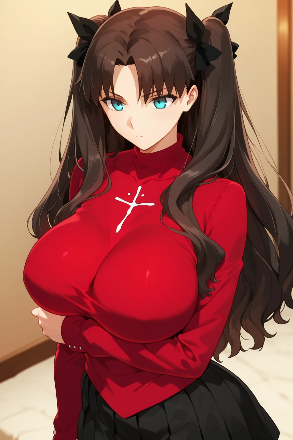 (masterpiece:1.4), best quality:1.4, detailed unity 8k wallpaper, highres, absurdres:1.2, perfect lighting, highly detailed background, BREAK
(super perfect anatomy and head and face and limbs and arms and hands and fingers and legs:1.4, expressive-eyes:1.2), thick outline:-0.6, black outline:-0.5, BREAK
(super beautiful 1girl and body and breasts and hand and nose and character-design and hair and face and eyes), slender:1.3, constricted waist:1.3, buttocks size:0.4, thigh thickness:0.3, solo, BREAK
kind narrow eyes, long eyelashes, clothes with fine decorations, clothes that cut into:1.3, hidden breasts:1.4, gigantic very long sagging breasts, hidden super beautiful nipples bulge:0.8, cameltoe:0.8, attractive body, gentle smile, blush:0.4, Feels good:0.6, half open mouth:0.8, sweaty, pussy juice, BREAK
<lora:tohsaka_rin_altV2:0.7>, tohsaka rin alt, super beautiful detailed red sweater black and skirt black thighhighs:1.2, super beautiful detailed naughty underwear, cowboy shot, from below, looking at viewer, standing, in old mansion bedroom