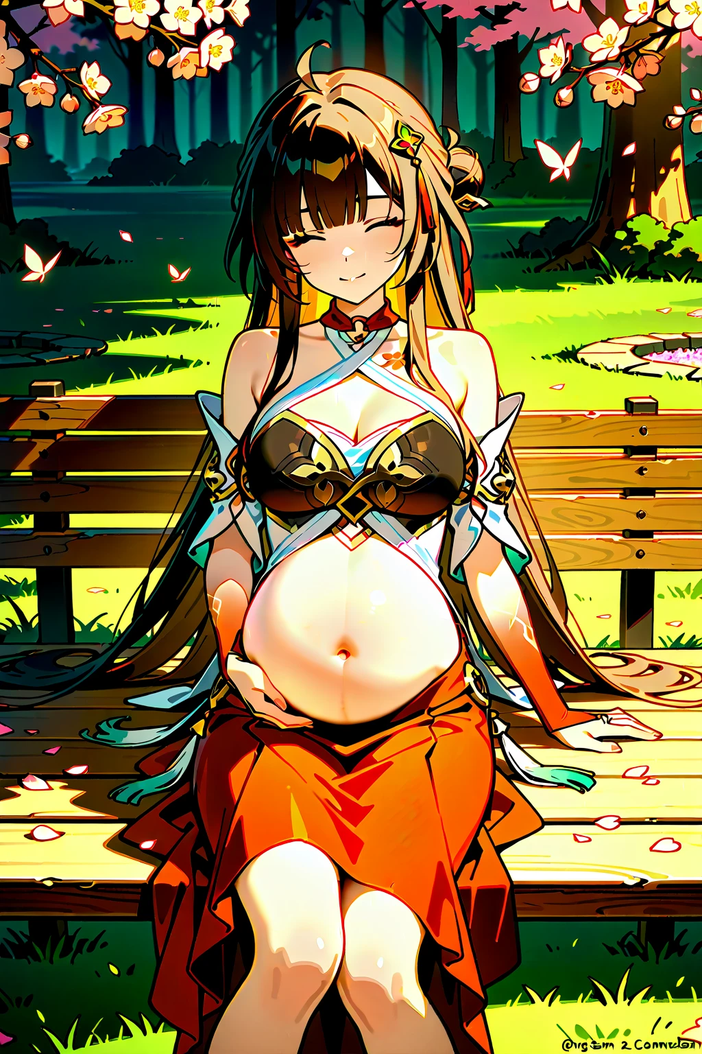 ((masterpiece)), (Highest quality), (work), Art Nouveau watercolors , Moon Goddess , Big Breasts,High cut split swimsuit,String,Showing your belly button,Camel toes are exposed,Big eyes, length, Thick eyelashes, Fuller lips, Dark red eyes, hair length and thick, High Ponytail, Chubby, Flower-like_background, Intricate designs and patterns in the style of Alphonse Mucha.