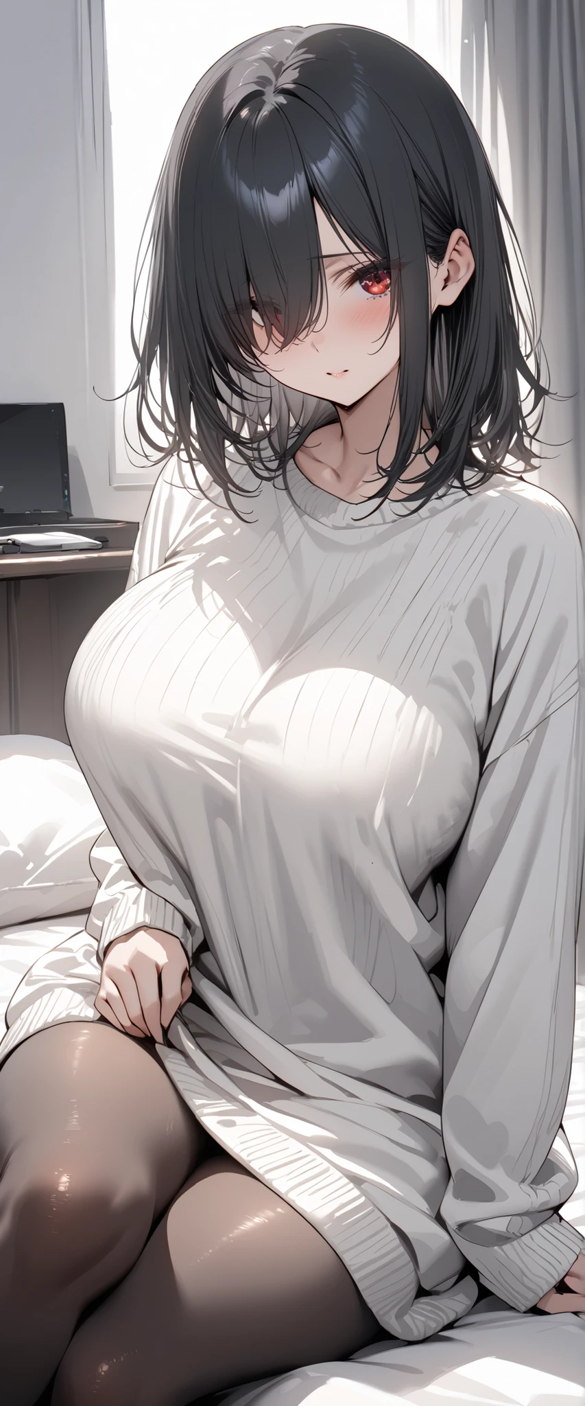 (high quality, 8k, 4K, high contrast, artwork:1.2, high quality, best aesthetics), (dynamic angle), ((1 woman)), erotic, sensual, mature body, super detailed, beautiful face detailed, beautiful eyes detailed, detailed beautiful mouth, sexy body, perfect breats, perfect wide thighs, dark brown hair, long dark brown hair straight and combed, short bangs, brown eyes, long eyelashes, calm facial expression, simple pink tiara in the hair, simple gray sweater, cold dark gray pants, standing, erect posture, looking at viewer, centered, bedroom.