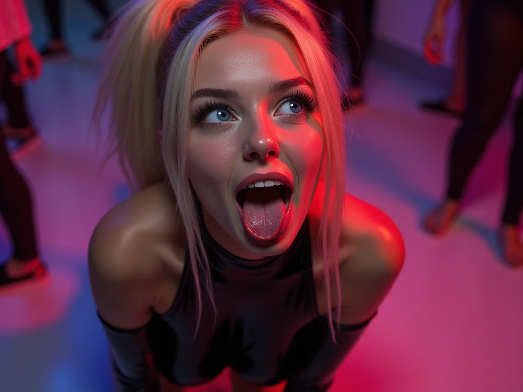 Blonde woman in black suit sitting in car on neon background, young beautiful Amaranth, Sexy Girls, cleveage, Wearing black tights, sydney sweeney, Amaranth, Ava Max, in a strip club, better known as Amaranth, Blonde goddess, looking sexy at camera, Kim Petras (Kim Petras) Portrait, Behind her is an atmosphere of terror