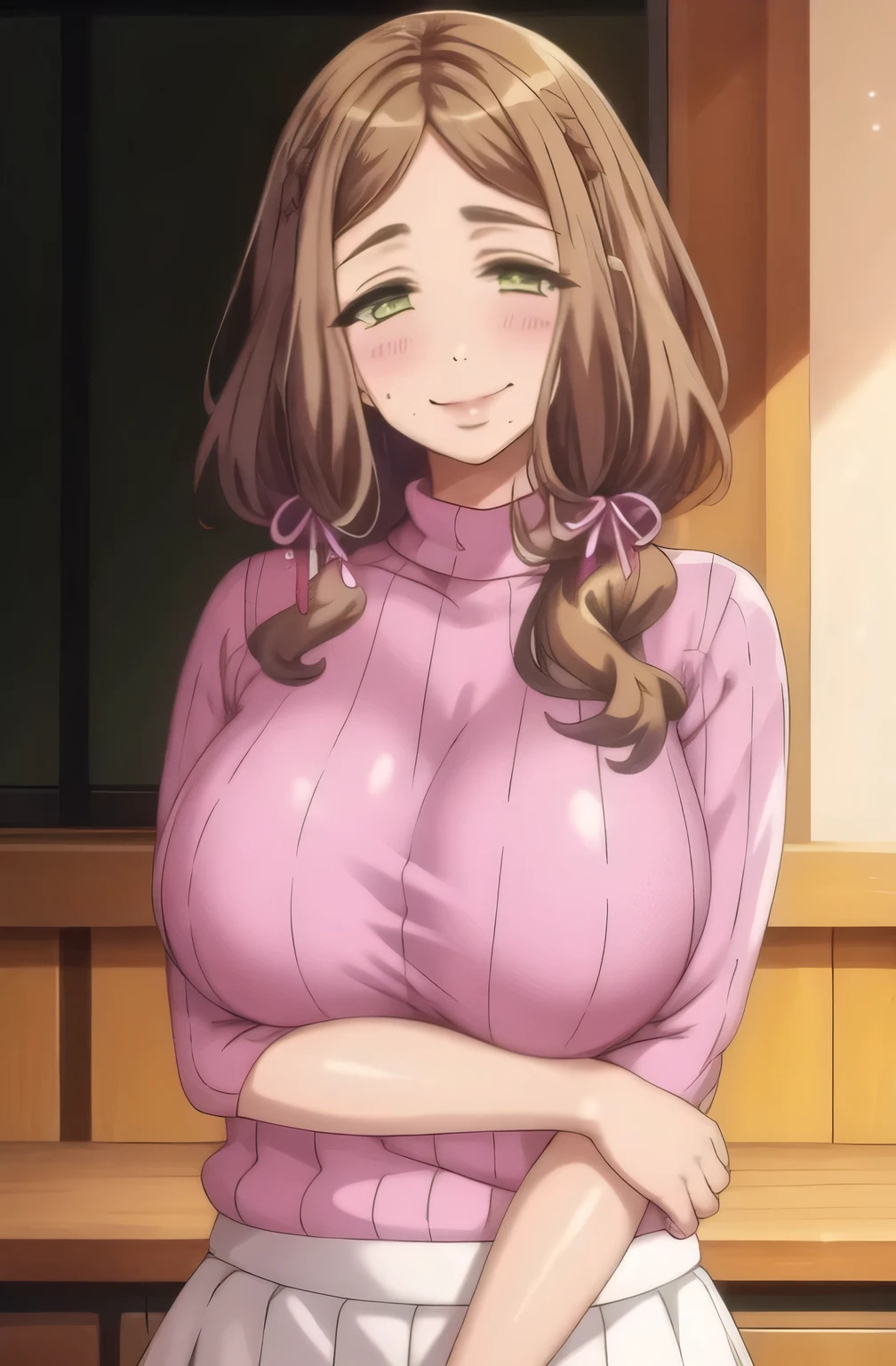 (masterpiece, highest quality), in the kitchen, White long skirt, Pink Sweater, heart, blush, smile, Upper Body, Are standing, FW.Ayaka