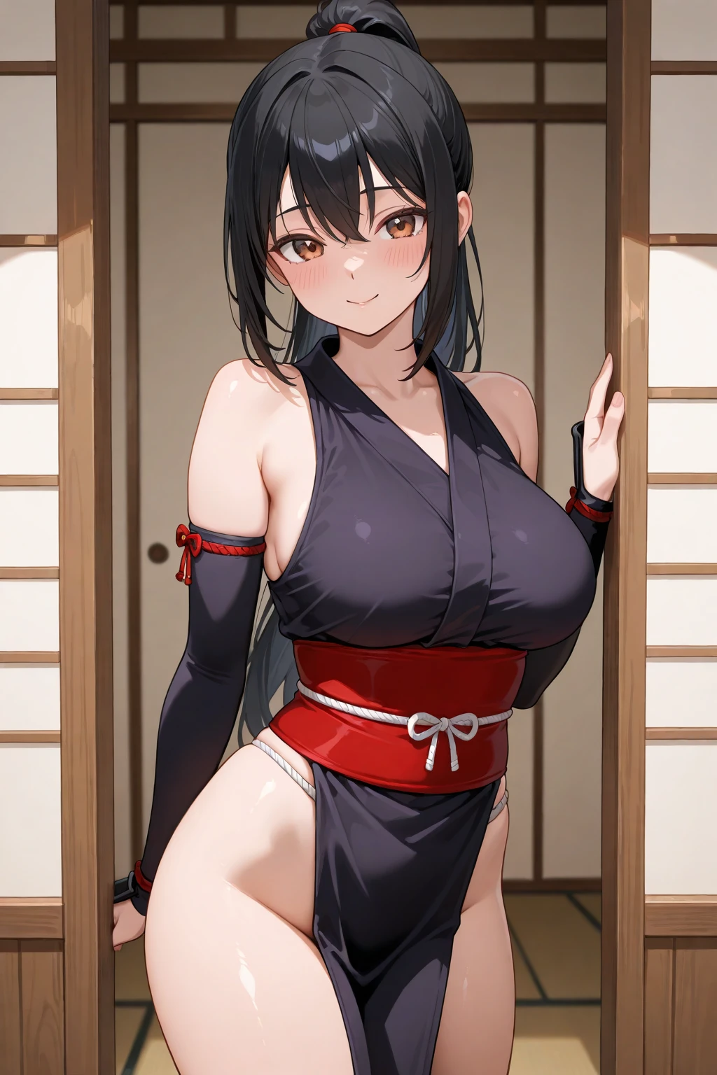 ((masterpiece, best quality, highest quality, ultra-detailed, 32K cg wallpaper, high resolution)), 1 woman,black hair,brown eye,long low ponytail hair,swept bangs,gigantic breasts,smile,parted lips,sleeveless kunoichi costume,standing,from left in front,open legs,sweat,japanese house,
