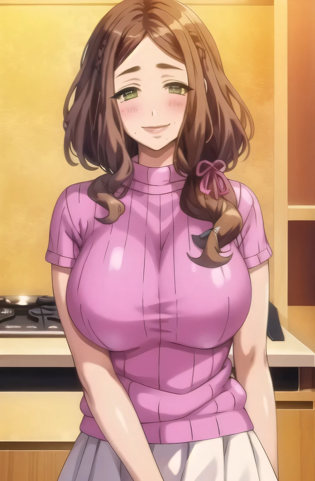 (masterpiece, highest quality), in the kitchen, White long skirt, Pink Sweater, heart, blush, smile, Upper Body, Are standing, FW.Ayaka