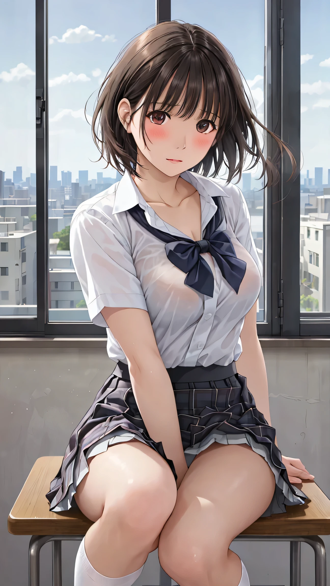 (masterpiece:1.2, Highest quality), (Realistic, Photorealistic:1.4), Beautiful illustrations, (Natural Side Lighting, Cinema Lighting), Written boundary depth, Looking at the audience, Front view, 1 person, English, high school girl, 20-year-old, Perfect Face, Symmetrical cute face, Glowing Skin, Spread your legs, (ボブヘア:1.7, ブロンド), Asymmetrical bangs, Big eyes, Droopy eyes, long eyelashes chest), thin, Beautiful Hair, Beautiful Face, Beautiful and beautiful eyes, Beautiful clavicle, Beautiful body, Beautiful breasts, Beautiful thighs, Beautiful legs, Beautiful fingers, ((High quality fabric, Brown knitted vest, Short sleeve white collar shirt, ネイビーのプリーツスカート, Navy bow tie)), (Beautiful views), evening, (Inside the flower shop), Are standing, (smile, wonderful, Open your mouth), (((スカートめくり, ズボンがない, Genitals are visible))), Full Body Shot, Dark blue socks, Sexy Face, Inverted nipples