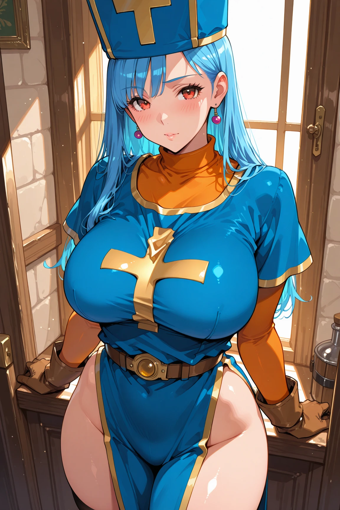 masterpiece, Highest quality, Unreal Engine, Super Resolution, Very detailed,
Beautiful woman, Dragon Quest Female Monk, long sky blue hair, Blue priest hat, (Orange bodysuit), Mitra, Tabard, Elbow-length gloves, Vivid expression, Healthy Body, Beautifully detailed sweat glands, Smooth skin texture, Carefully drawn,
(humidity:1.5), (Lewd Scent:1.5), Beautiful Eyes, (Attractive face:1.2), (Beautiful Skin), Tight waist, (Big Breasts), Round Breasts, (Sticky with sweat), Irresistibly sexy pose,
In the world of Dragon Quest, ((In a room filled with the smoke of aphrodisiac incense)),