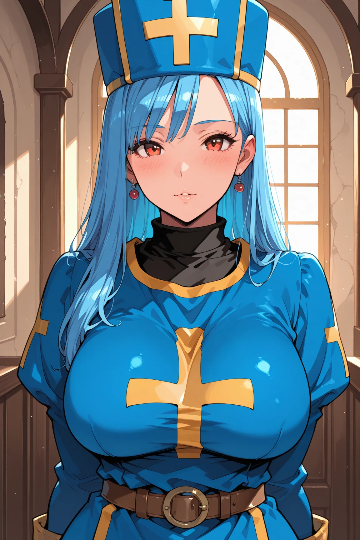 close eyes,(blush),1girl,(Fashionable black Cloth:1.5),masterpiece,best quality, unreal engine, ultra res, extremely detailed,large breasts, waist, slender, (muscular:0.8) ,LONG BLUE HAIR,PURPLE EYES