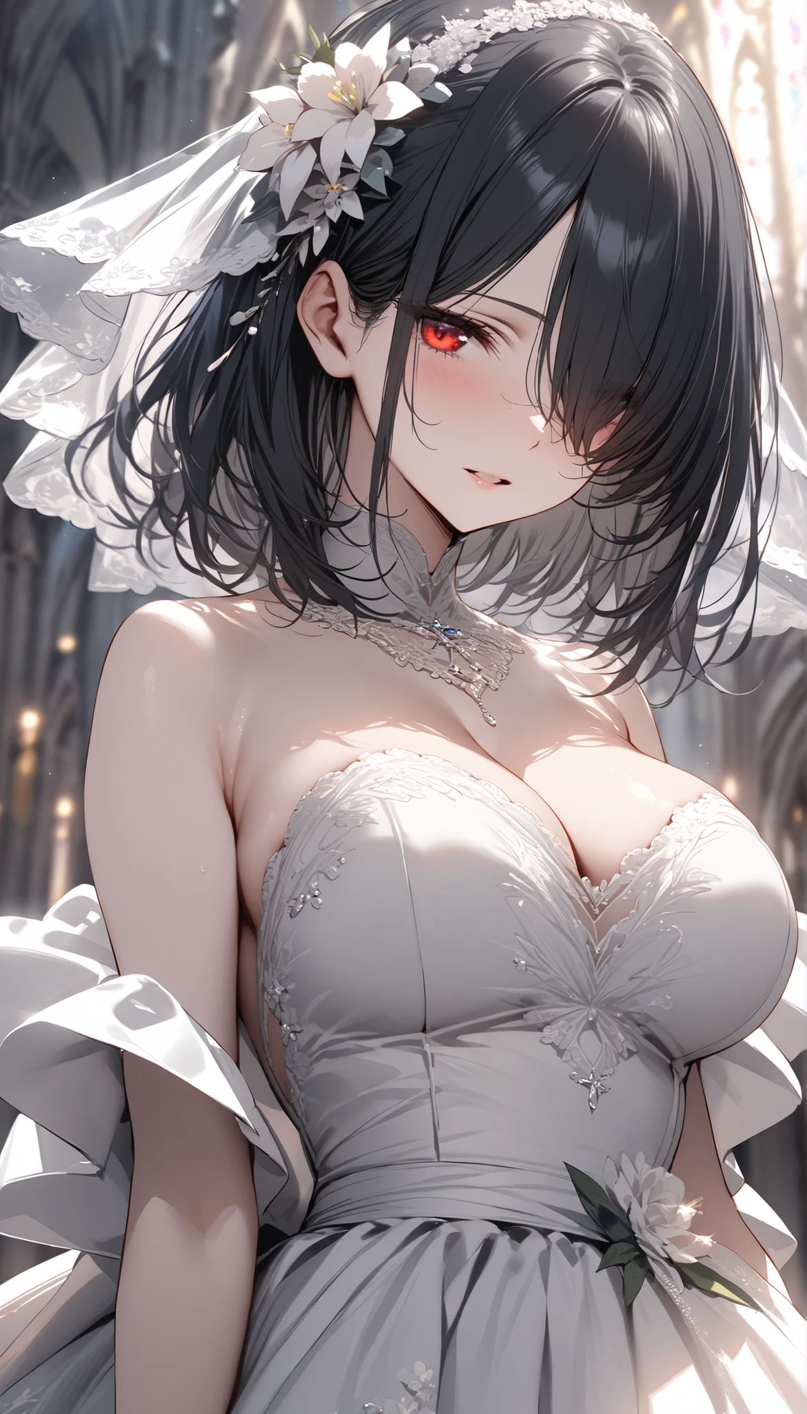 ((highest quality)),(ultra high resolution),(Super detailed),(detailed description),((best CG)),(best work of art),super precision art,amazing drawing art,(Art with precise details:1.5), (Adult woman smiling in a dark room:1.6),(beautiful and well-shaped face:1.5),(transparent black wedding dress:1.6),(Black Wedding Veil:1.5),(flower tattoo:1.5),(gorgeous black bridal shoes:1.4)