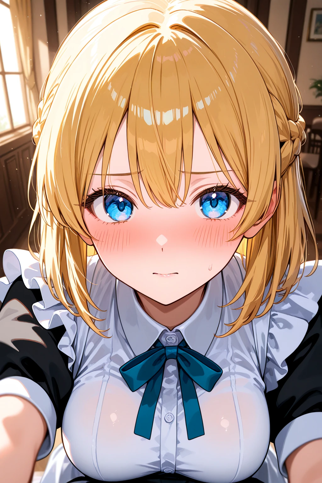 A high school girl in the style of Japanese anime illustration from 2020 with a detailed and realistic background that has depth and texture. The girl has blonde hair in a short one-length braided ponytail bob cut and wears a classical maid outfit. The theme is a maid cafe and the image is a portrait with contrast. The language in the image is Japanese and the romanization is English. The girl's eyes are realistic, complex, and detailed, and her skin texture is very fine. The girl's posing is instructed by a world-famous master and the image has a sense of dynamism. The girl's figure is a cowboy shot. The image size is 1024 x 1536 pixel