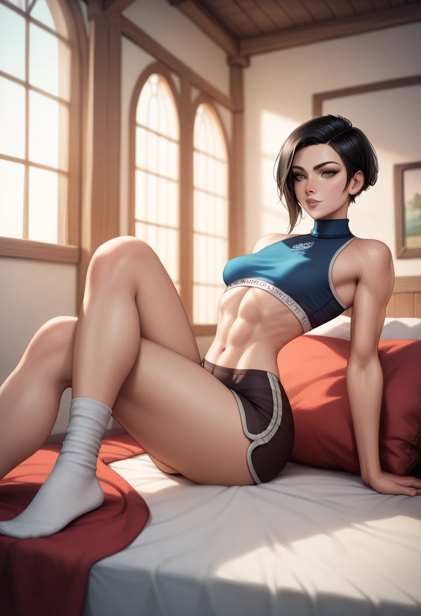 Disdainful eyes and angry expressions (a female athlete，Wearing a gray sports bra，Squatting on the bed，legs apart，Cat leaks）。