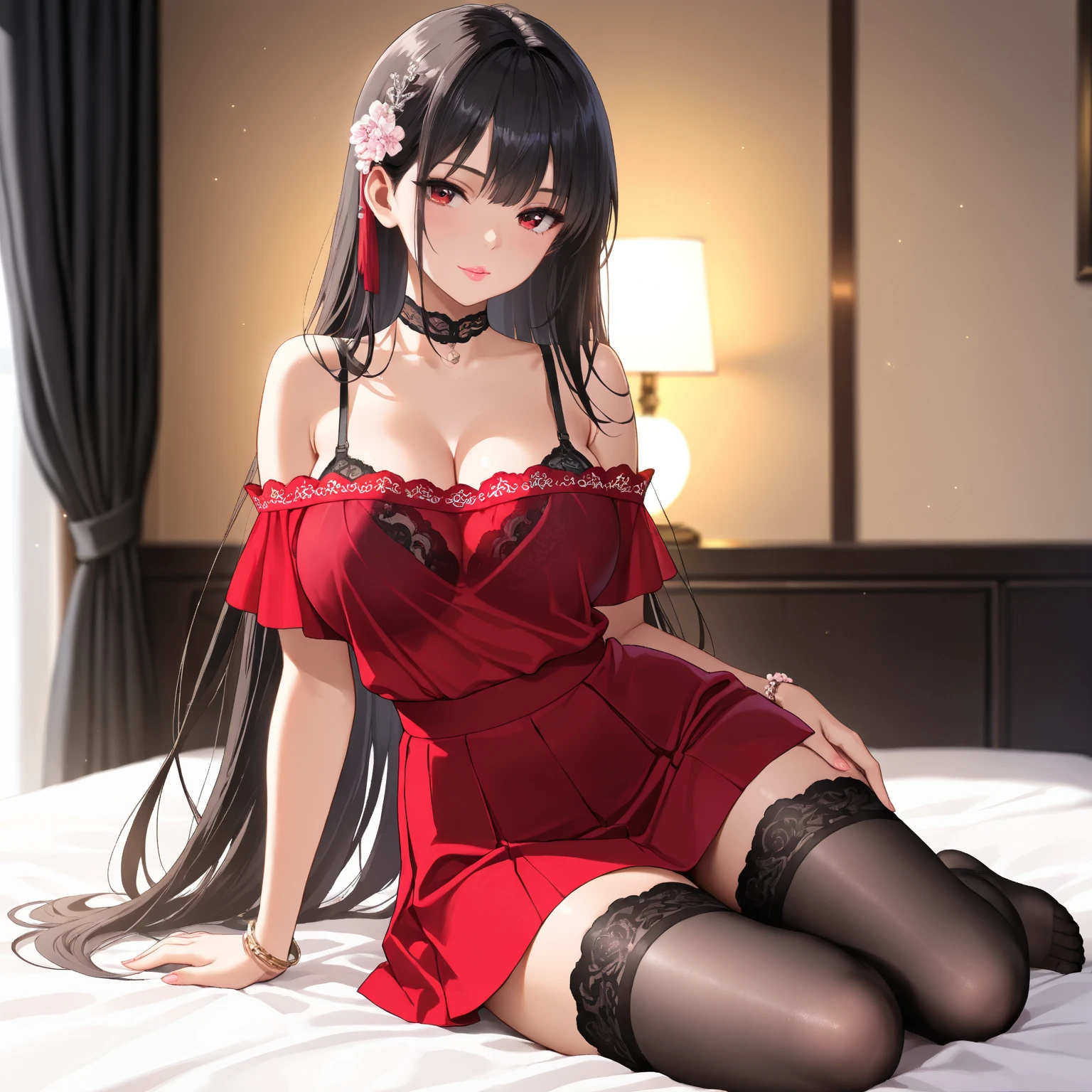 Amazing,  最好质量 , Ultra-detailed, A high resolution, Extremely detailed,Best quality ,Masterpiece, illustration, An extremely delicate and beautiful, Extremely detailed ,CG ,8K wallpaper, Amazing, finedetail, Masterpiece,Best quality,offcial art,,closeup cleavage,volumettic light,Mood lighting,((the night))，There are petals on the bed,𝓡𝓸𝓶𝓪𝓷𝓽𝓲𝓬,True light source,1girll,thighs focus,brunette color hair,((Loose red silk nightdress)),Sit on a large red bed,Red pillow，((Red silk sheets))，smallunderboob,M open legs,Bare legs,Absolute realm