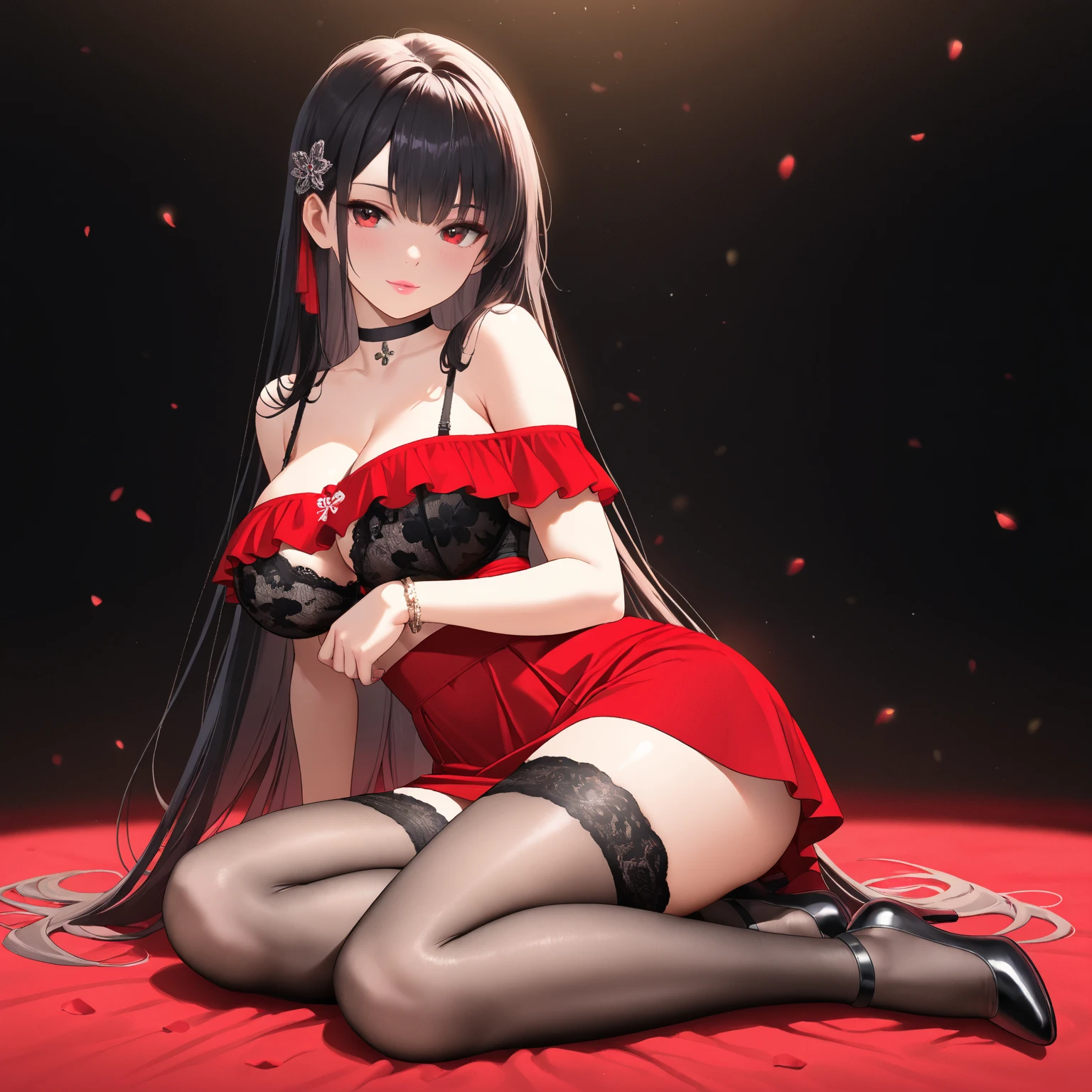 beautiful sexy girl with black hair with red eyes with red lips, an ordinary person